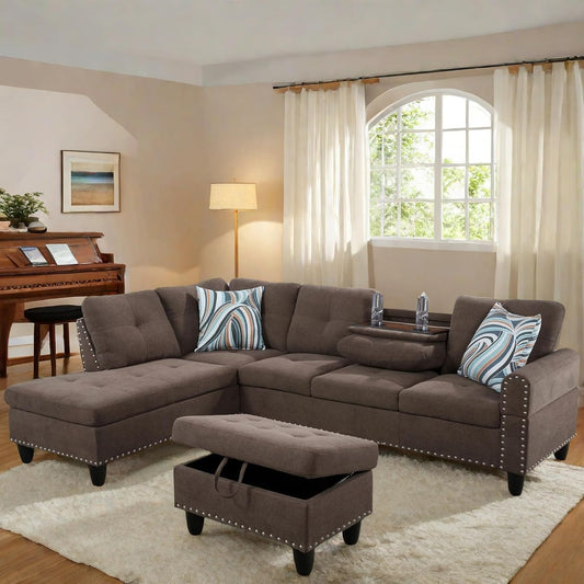 L Shaped Sectional Couch with Otttoman, 97" Sectional Sofa for Living Room Flannel Modular Couches with Cup Holders for Bedroom, Apartments, Brown