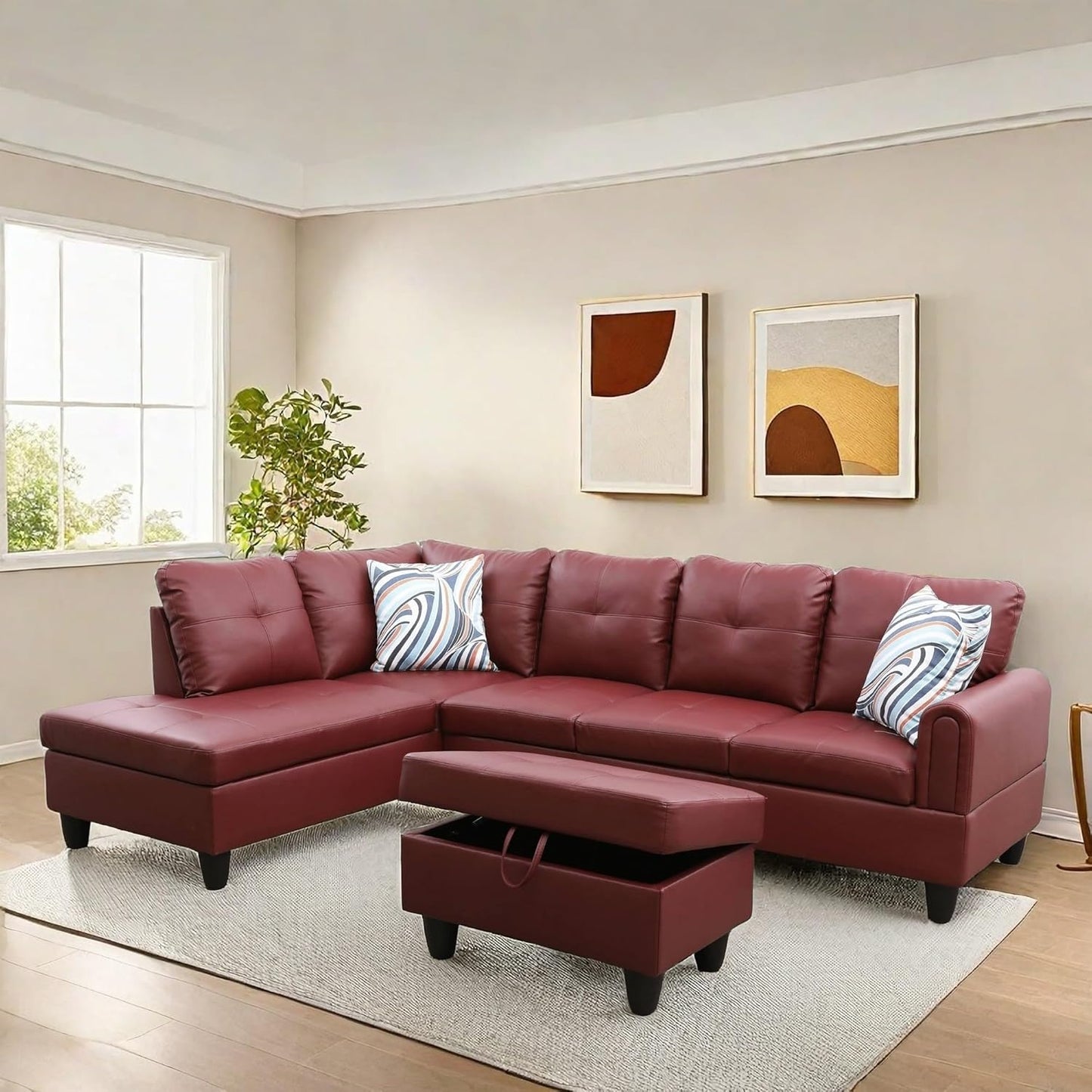 NAYSAYE Sectional Couch with Ottoman Storage, L Shaped Couch Sofa Furniture Sets, Modern Comfy Modular Comfy Sofa for Living Room Bedroom, Office and Apartment, Red