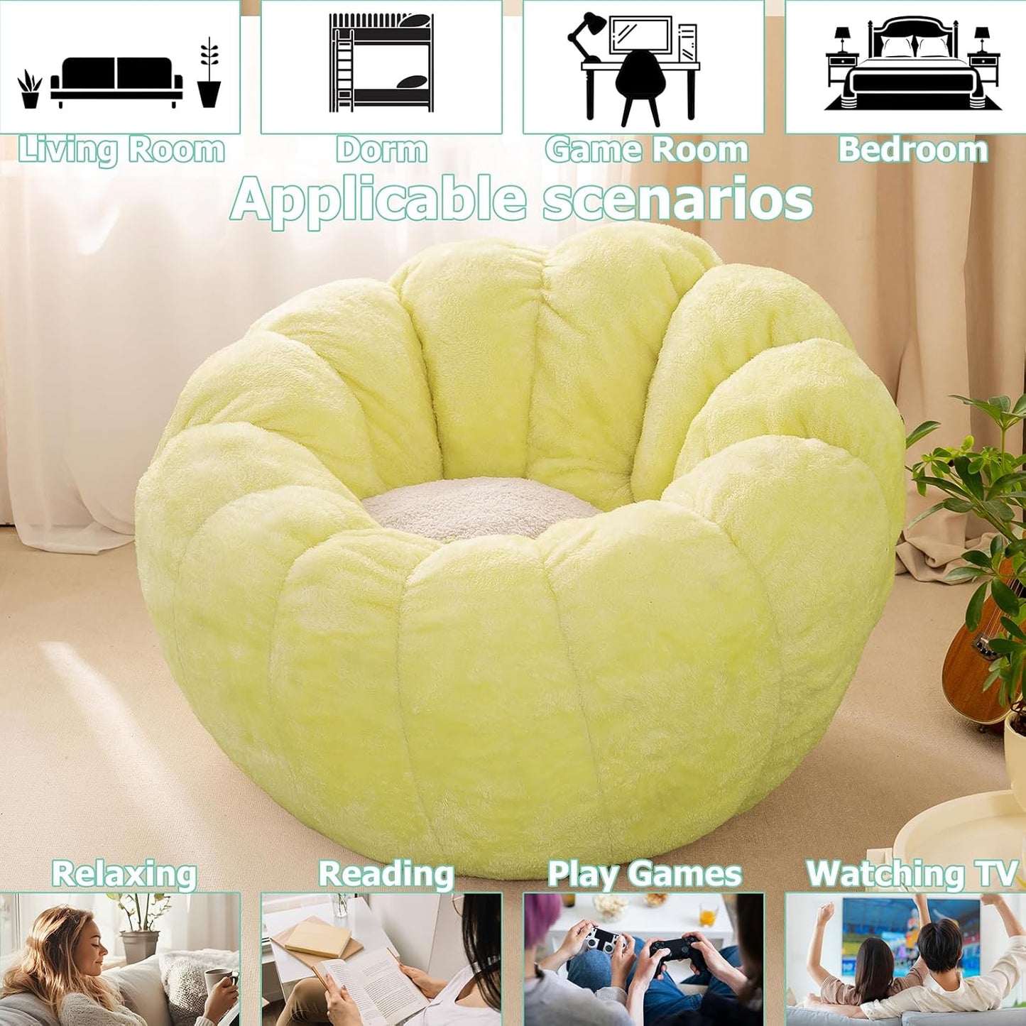 Pumpkin Bean Bag Sofa Chair for Adult, Beanbag Couch with Filler for Reading and Relaxation, Comfy and Lazy Sofa for Dorm, Apartment, Living Room and Bedroom, Grass Green