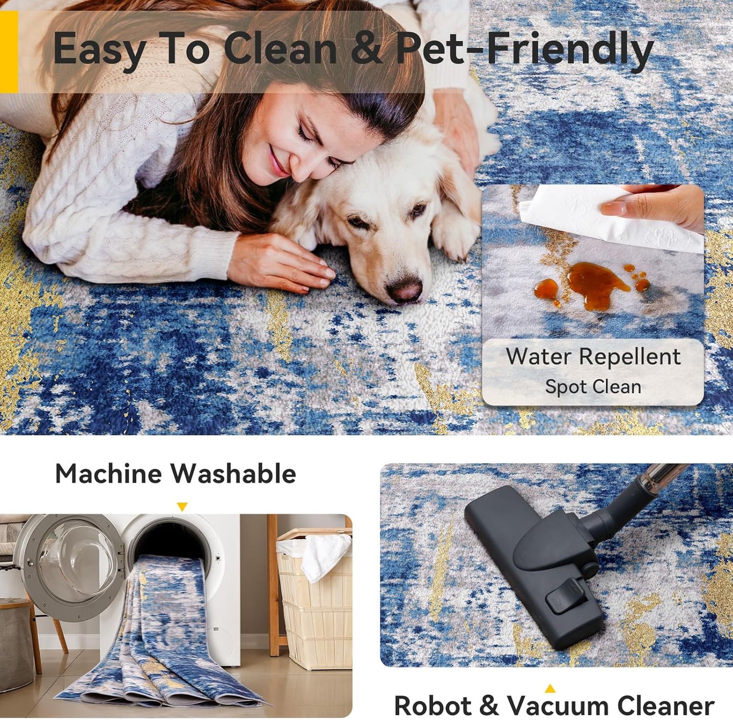 Washable Area Rugs 9'x12' Non-Slip Modern Abstract Soft for Living Room Entryway Bedroom Nursery, Print Pattern, Grey Blue Gold/Golden