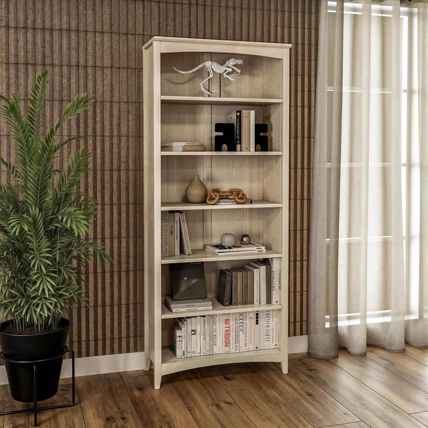 Camaflexi Shaker Style 6 Shelf Bookcase/Solid Wood / 72 inch Tall/Adjustable Shelving/Closed Back/Display Bookshelf for Living Room, Bedroom, Home and Office, Light Oak
