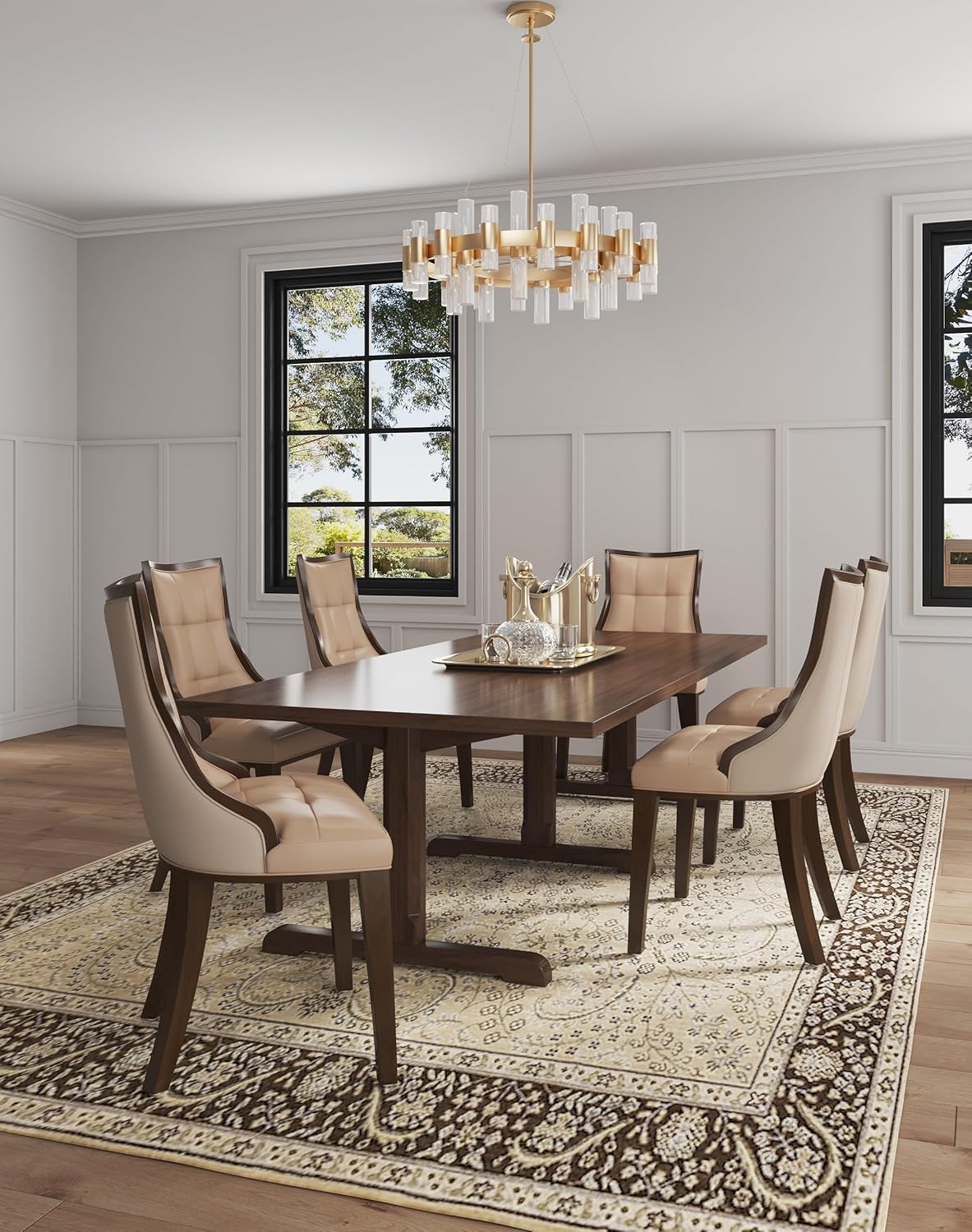 Manhattan Comfort Fifth Avenue Faux Leather Dining Chairs, Parsons Accent Furniture with Padded Wingback Seat, Fine Rectangular Stitching and Solid Beech Wood Frame, Set of 4, Tan