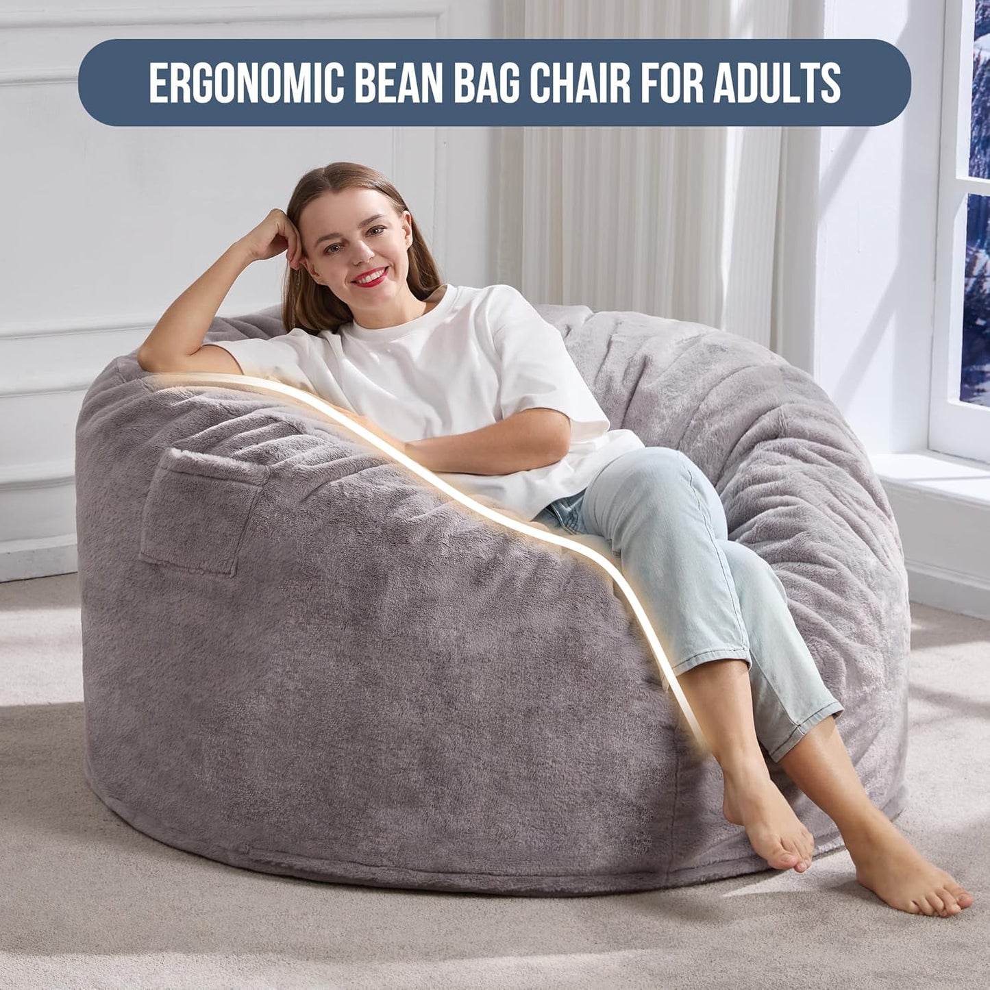 Hobestluk 4ft Bean Bag Chairs for Adults Large Beanbag Chair with Plush Faux Fur Cover Big Bean Bag Chair for Living Room Bedroom Dorm Office - Grey (44” x 44” x 24”)