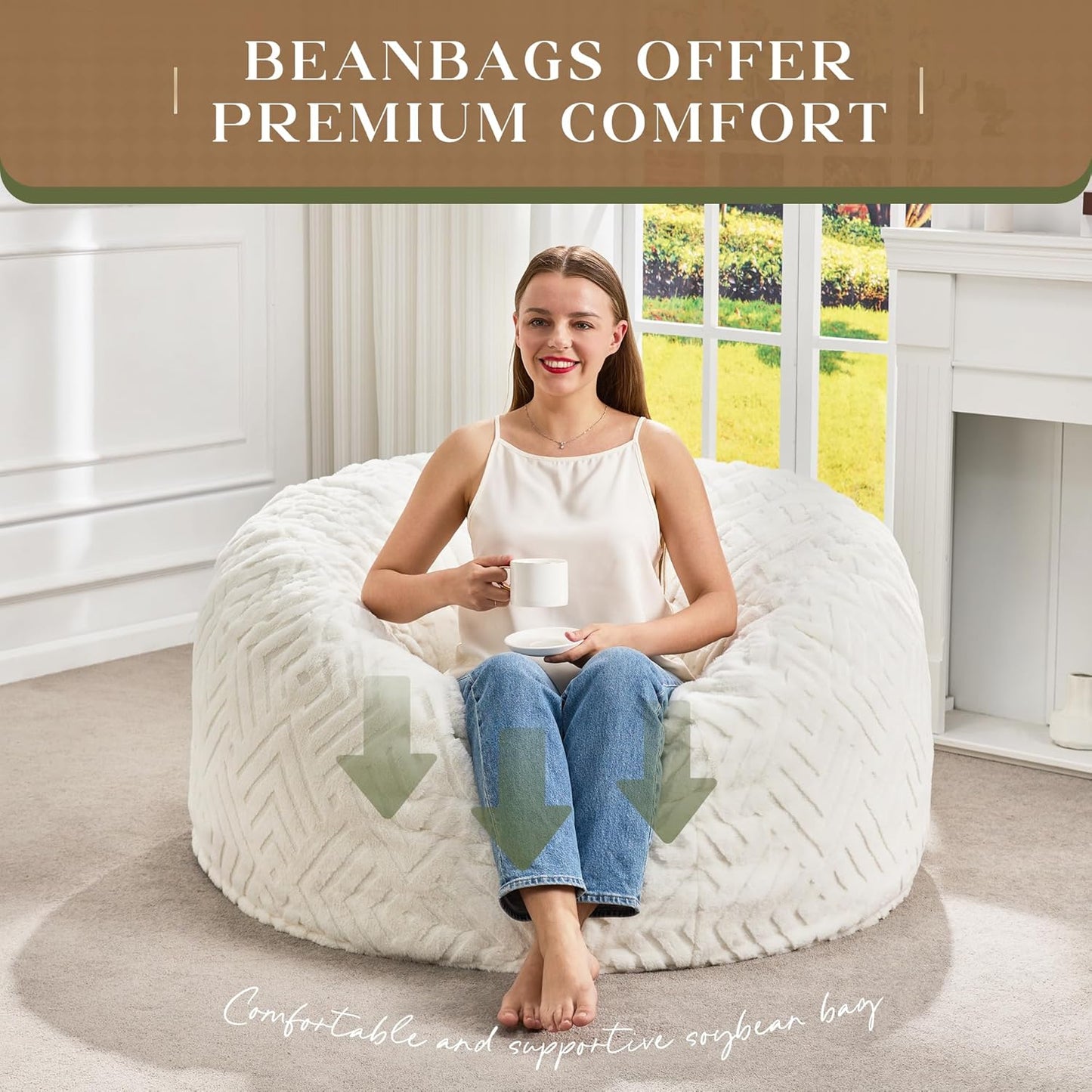 Hobestluk Bean Bag Chairs Adults Beanbag Chair with Filler Large Bean Bags with Fluffy Embossed Cover, Giant Bean Bag Chairs for Adults (White, 3FT - 36” x 36” x 22”)