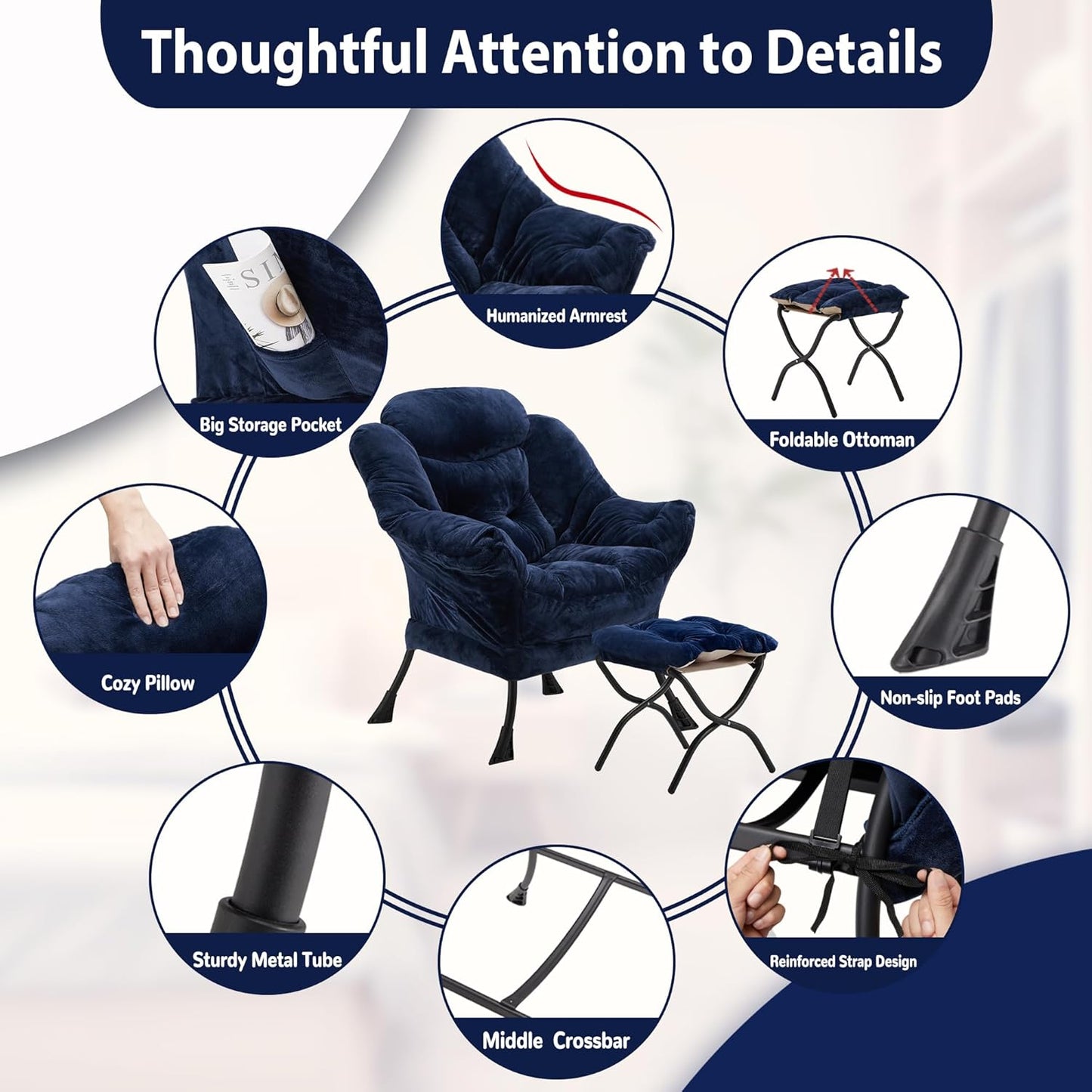 Lazy Chair with Folding Ottoman, Accent Chair Plush Upholstered with Metal Structure and Non-Slip Pads, Sofa Armchair with Footrest and Side Storage Bag for Dorm, Room, Office, Navy Blue