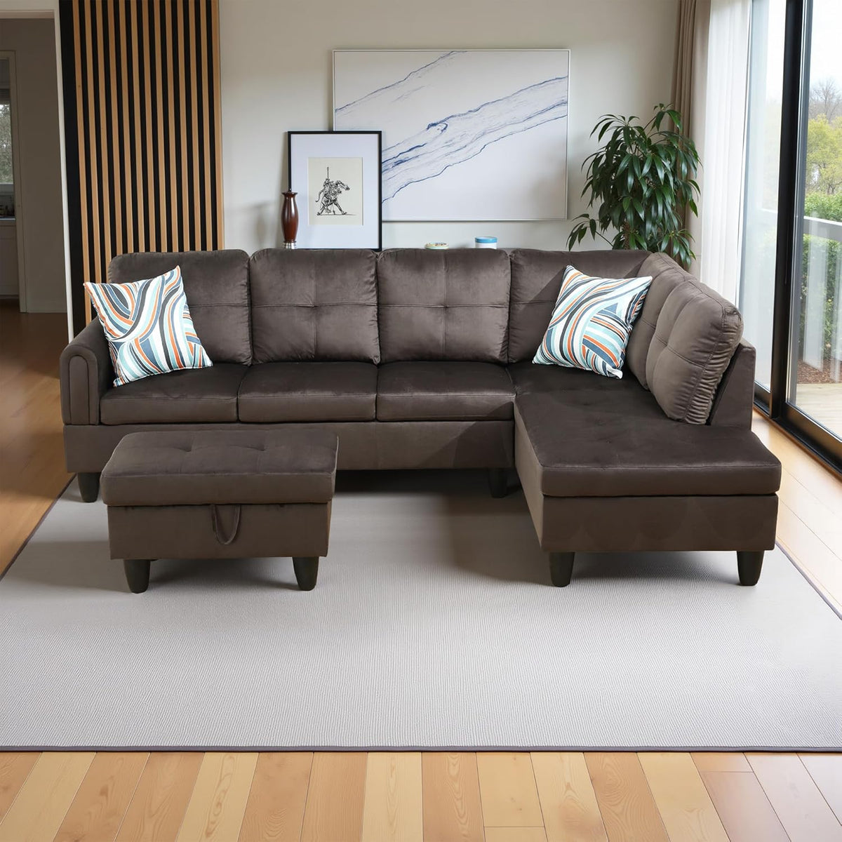 97" Oversized Sectional Couch, L Shaped Couch with Storage Ottoman, Modern Modular Sofa with Deep Seat, Sectional Couches for Living Room and Office, Dark Brown (Flannel)