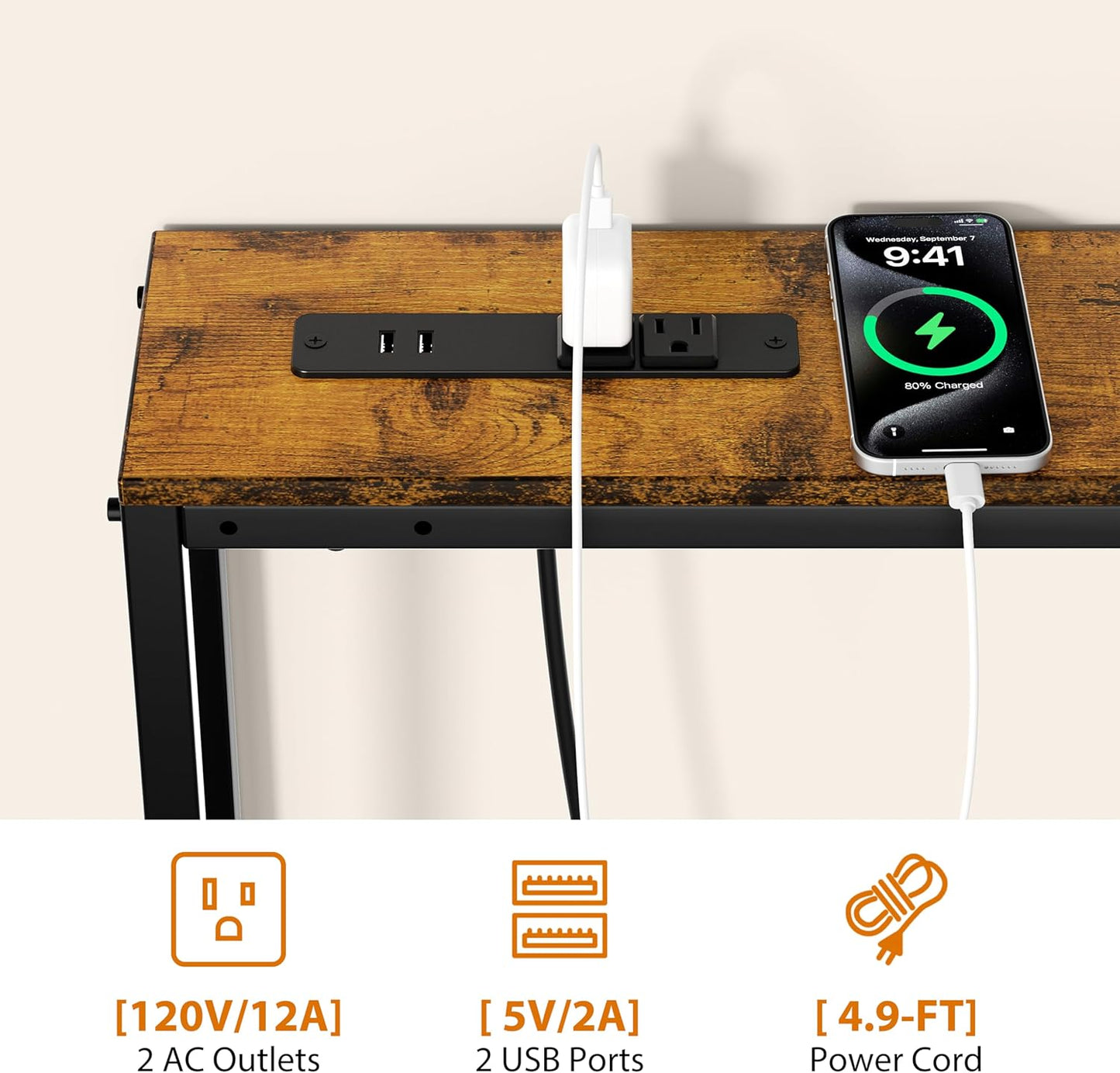 GRLEAF L Shaped Narrow Console Table with Outlet, 78" Sofa Tables Narrow Long, Behind Couch Table, Skinny Entryway Tables with Charging Station,for Living Room,Hallway (Rustic Brown,78IN)