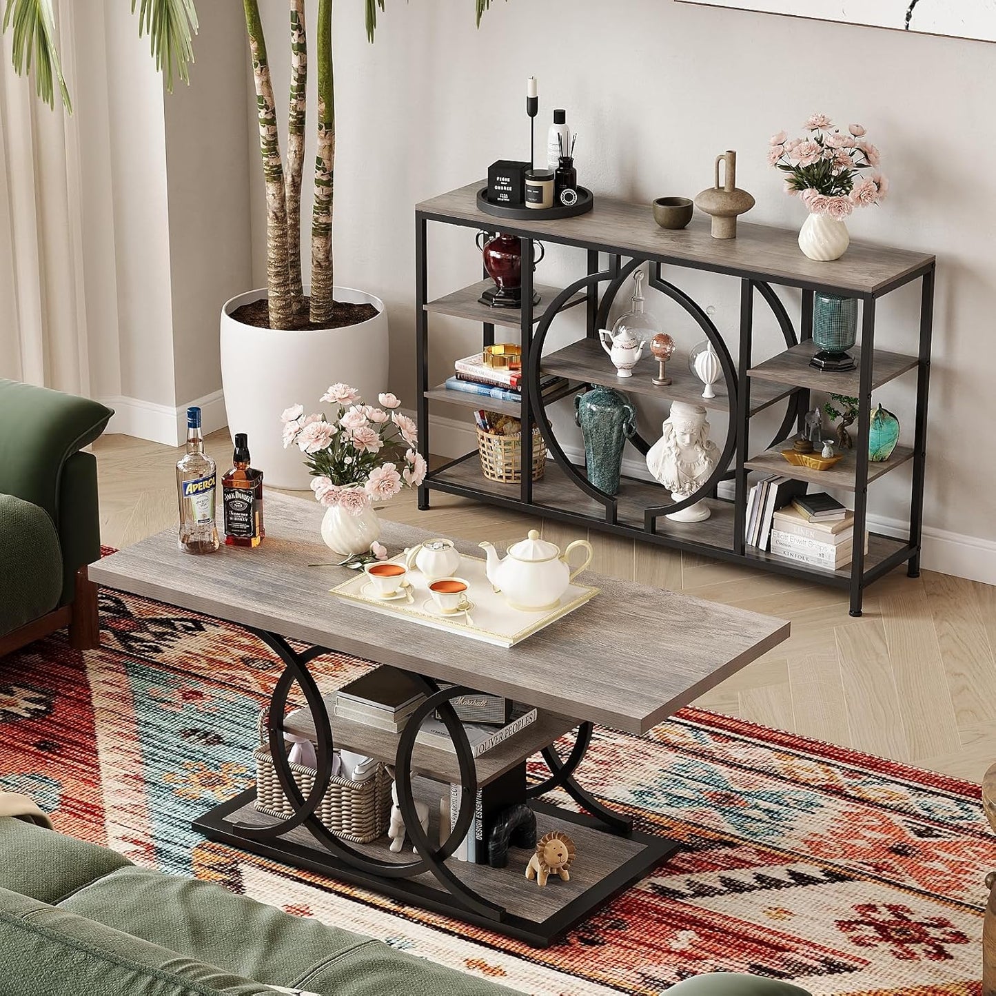 GiftGo 47" Industrial Console Tables for Entryway Rustic Sofa Table Behind Couch 4 Tier Wooden Shelves Entry Table with Storage for Foyer, Hallway, Front Door,Living Room (Retro Grey, 47")