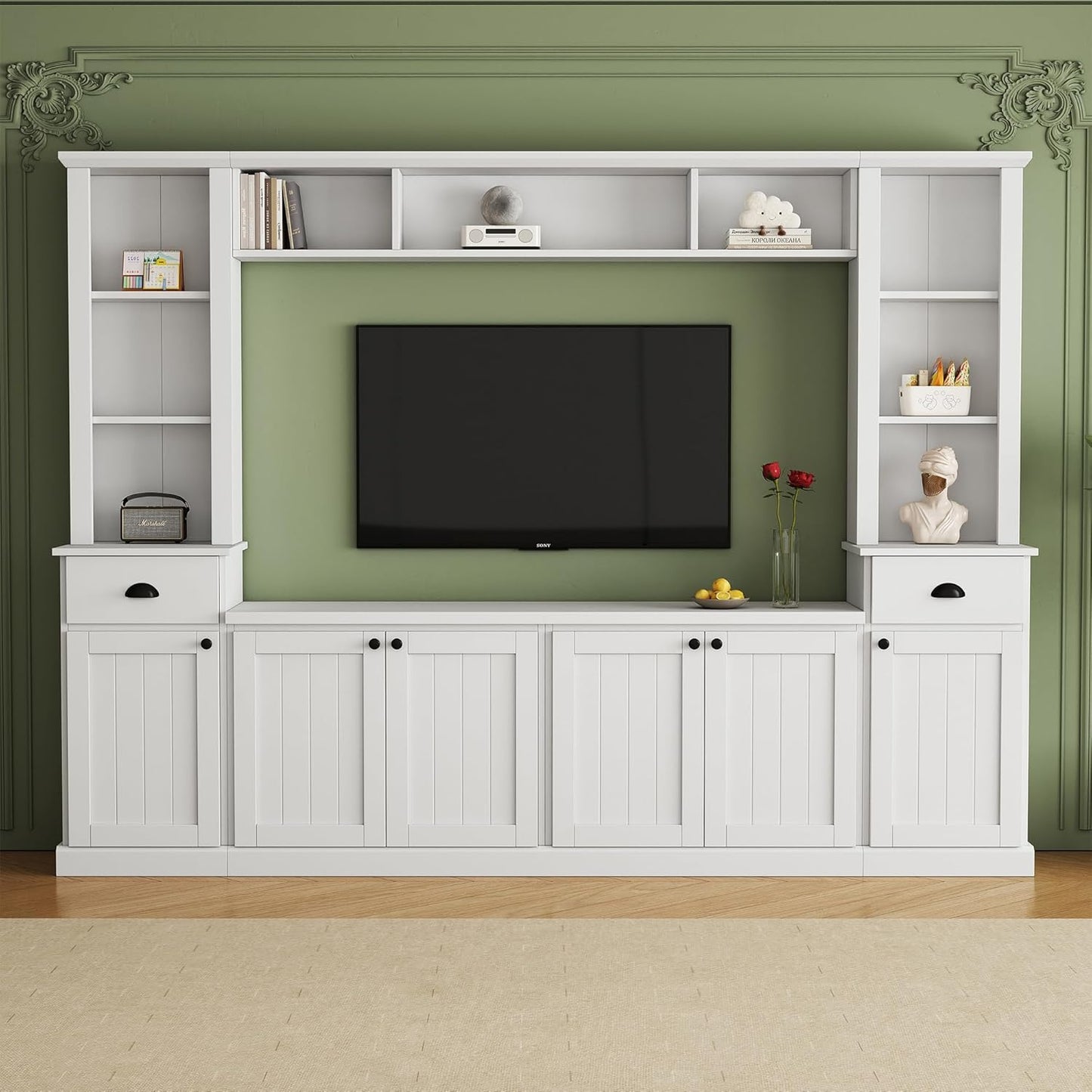 Merax Minimalism Entertainment Wall Unit with Bridge, Modern Media Console Table & Adjustable Storage Shelves for Living Room, Large TV Stand for Televisions Up to 75'', White