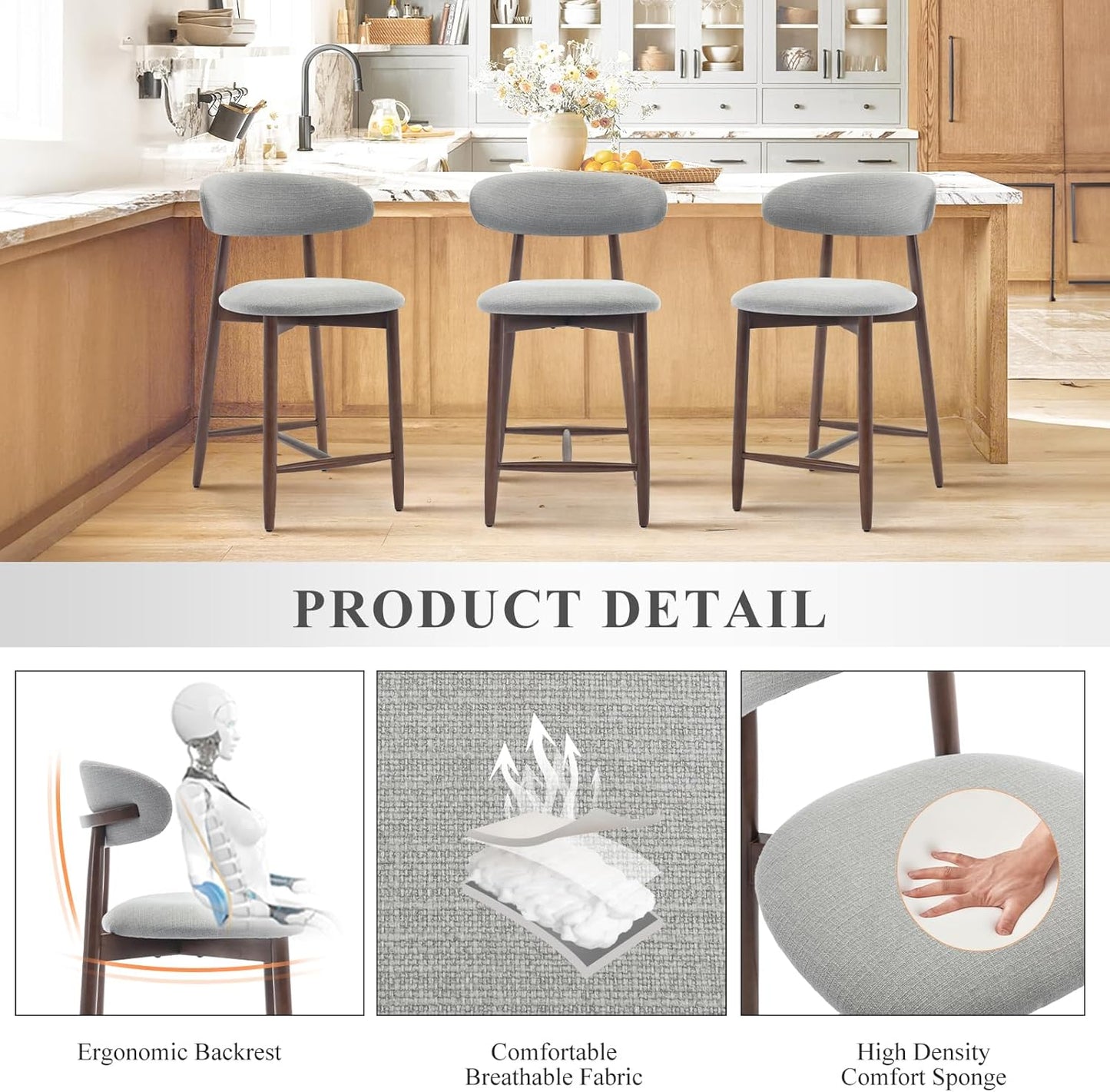 COLAMY Bar Stools Set of 6, Counter Height Bar Stools, Wood Bar Stools with Back, Upholstered Wooden Barstools for Island Dining Room Bar, Light Grey