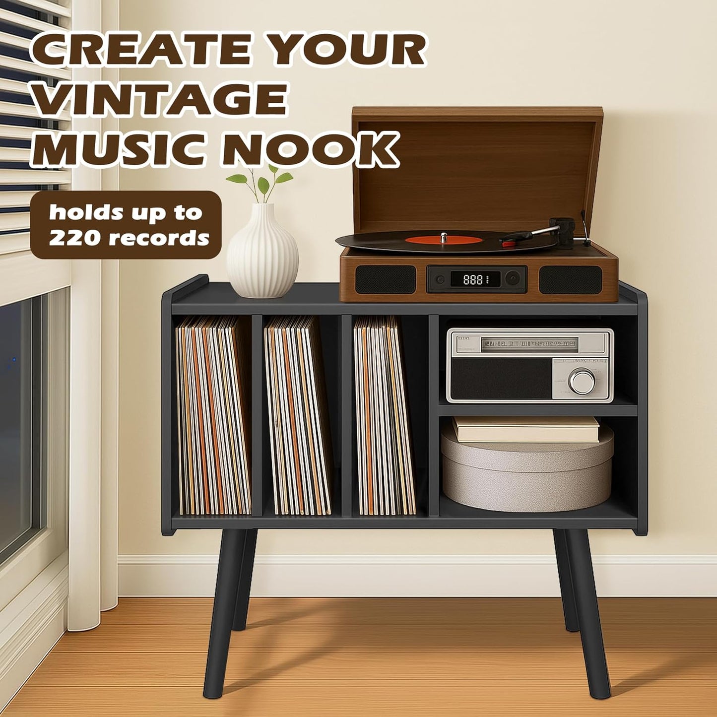 Record Player Stand with Vinyl Storage, Wooden Record Player Table with 5 Cabinet, Large Vinyl Record Player Stand, Record Player Holder, Record Player Shelf for Office Living Room, Black