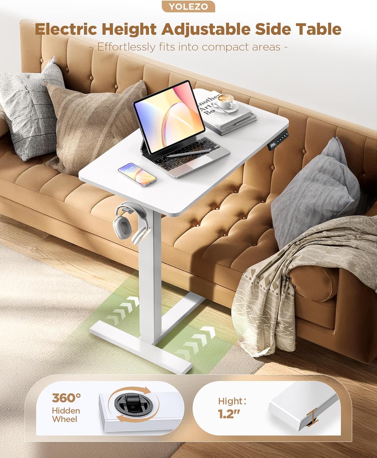 Electric Adjustable Height Standing Desk - Small Sit Stand Portable Rolling Laptop Table with Hidden Wheels, Small Computer Workstation for Bedside & Home Office Use (28"x16", White)