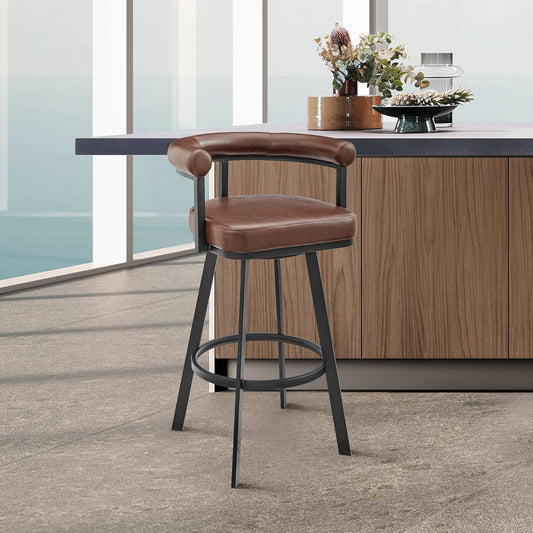 Armen Living Magnolia Swivel Counter Stool in Black Metal with Brown Faux Leather