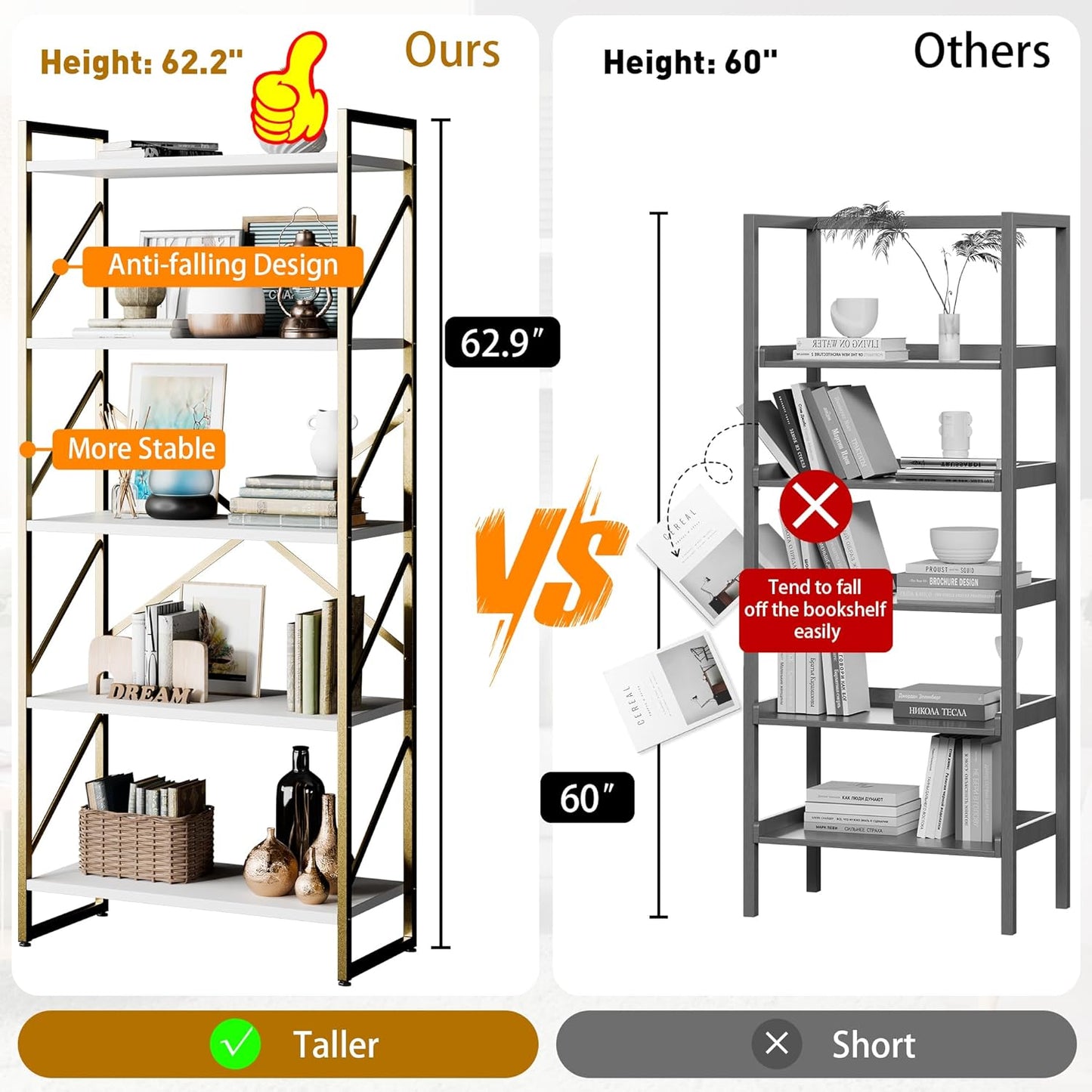 Shintenchi 5 Tiers Bookshelf, Classically Tall Bookcase Shelf,Industrial Book Rack,Modern Book Holder in Bedroom/Living Room/Home/Office, Storage Rack Shelves for Books/Movies,Gold