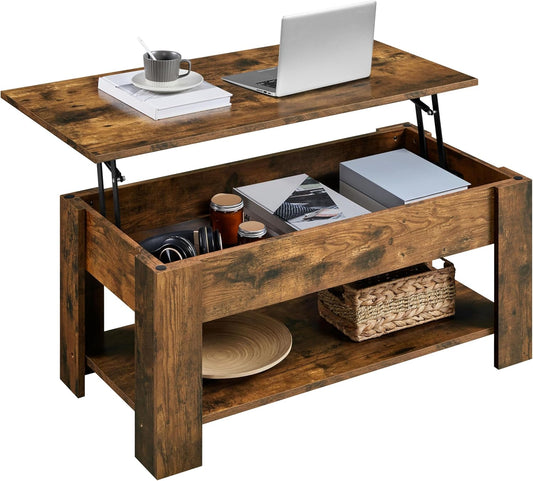 Yaheetech Vintage Coffee Table, Lift Top Coffee Table with Large Hidden Storage Shelf, Lift Tabletop Dining Table for Living Room, Home Small Space, 38.6in, Rustic Brown