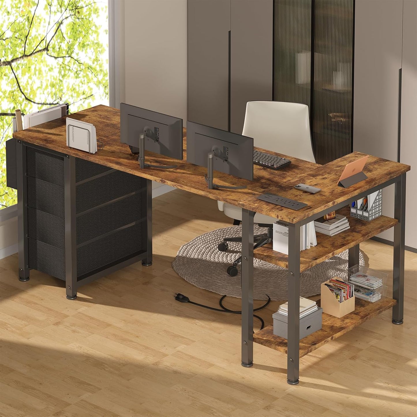 Lufeiya L Shaped Computer Desk with Drawers & Storage Shelves, 55 Inch Corner Desk with Power Outlet for Home Office Bedroom, L-Shaped Teen PC Gaming Desks with Fabric Drawer, Rustic Brown