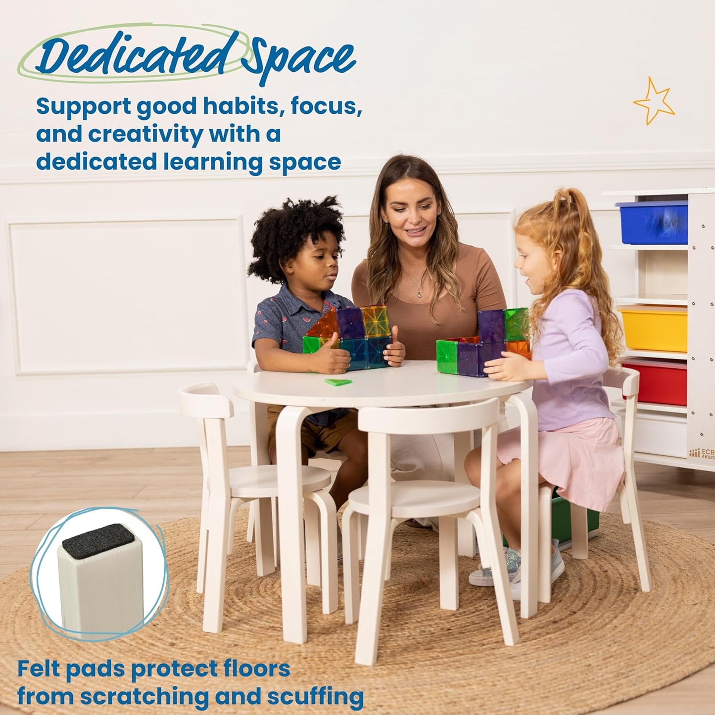 ECR4Kids Bentwood Round Table and Curved Back Chair Set, Kids Furniture, White Wash, 5-Piece