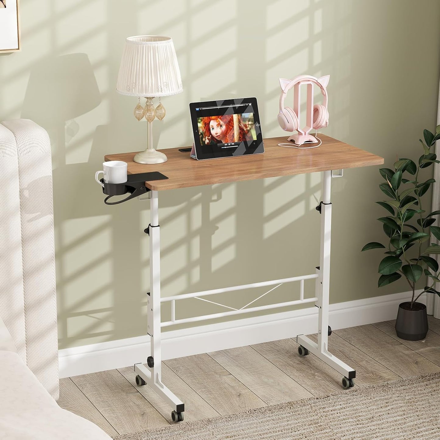 Hadulcet Portable Standing Desk, Rolling Desk Adjustable Height, Mobile Laptop Desk, Small Stand Up Table with Wheels, Walking Table for Treadmill Walking Pad, Tall Computer Stand, Oak