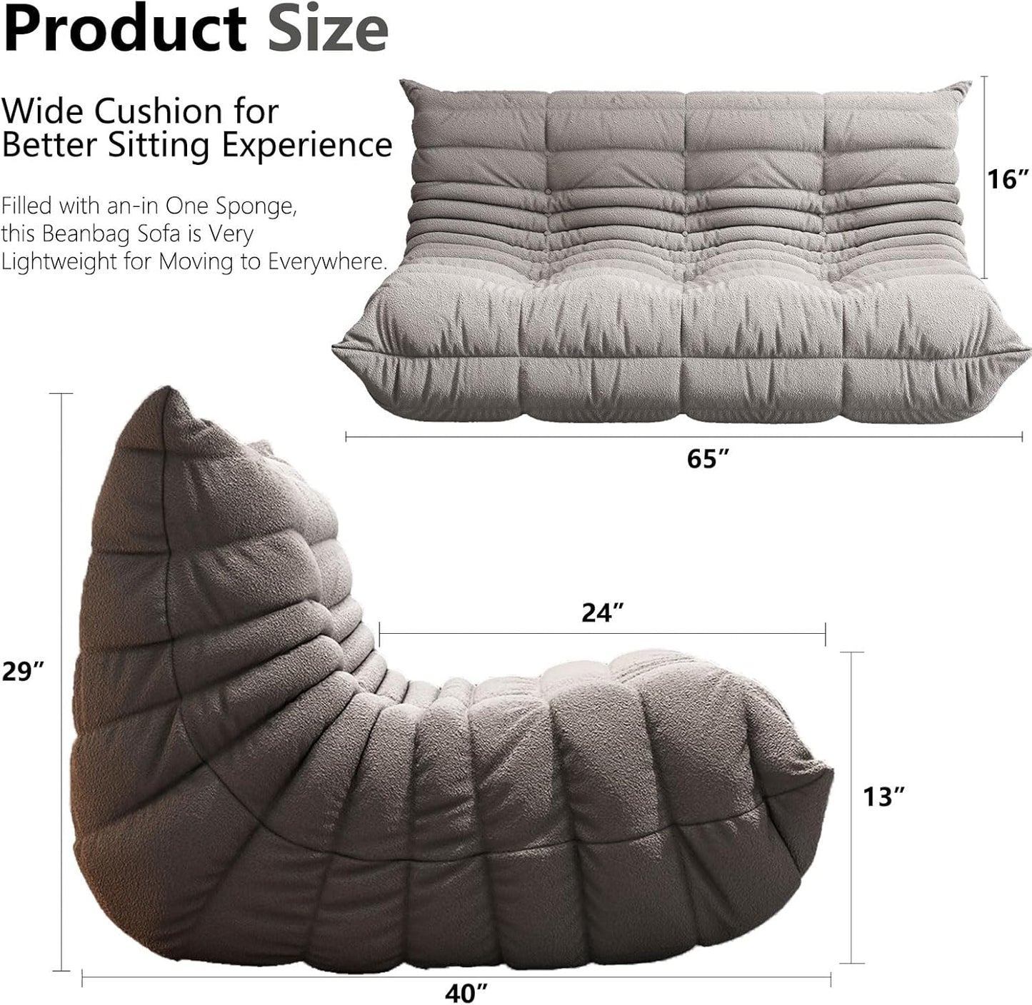 Bean Bag Chairs for Adults, BeanBag Reading Chair Memory Foam Couch 3-Seater, Floor Chair Soft Teddy Material, Comfy Reading Nook Chairs for Bedroom Living Room Office (Grey)