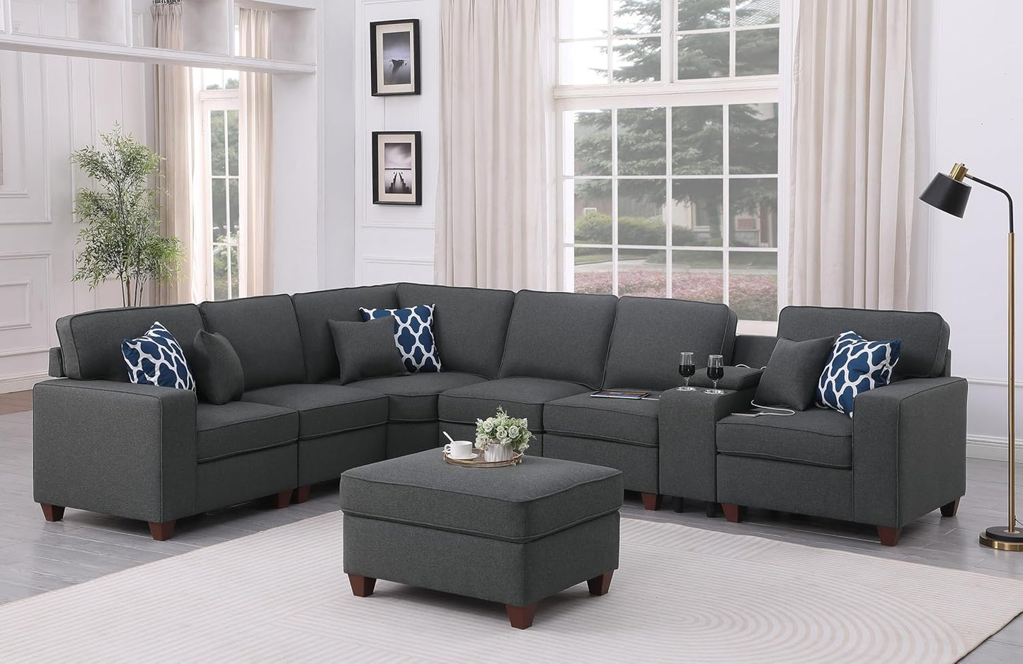 127" L-Shaped Sectional Couch with Movable Ottoman & 6 Throw Pillows,7 Seat Chenille Upholstered Sofa W/2 Cup Holders,USB Port & Hidden Storage Box,DIY Combination,for Living Room,Apartment,Gray