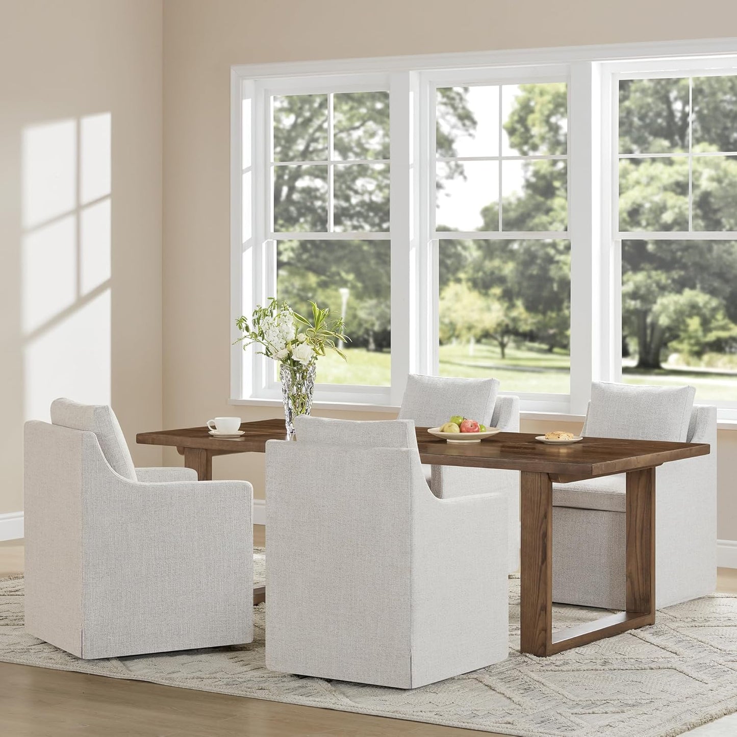Upholstered Dining Chairs with Casters Easy Assembly Side Deskchair with Rollers for Diningroom, Living Room, Linen, 4 Box