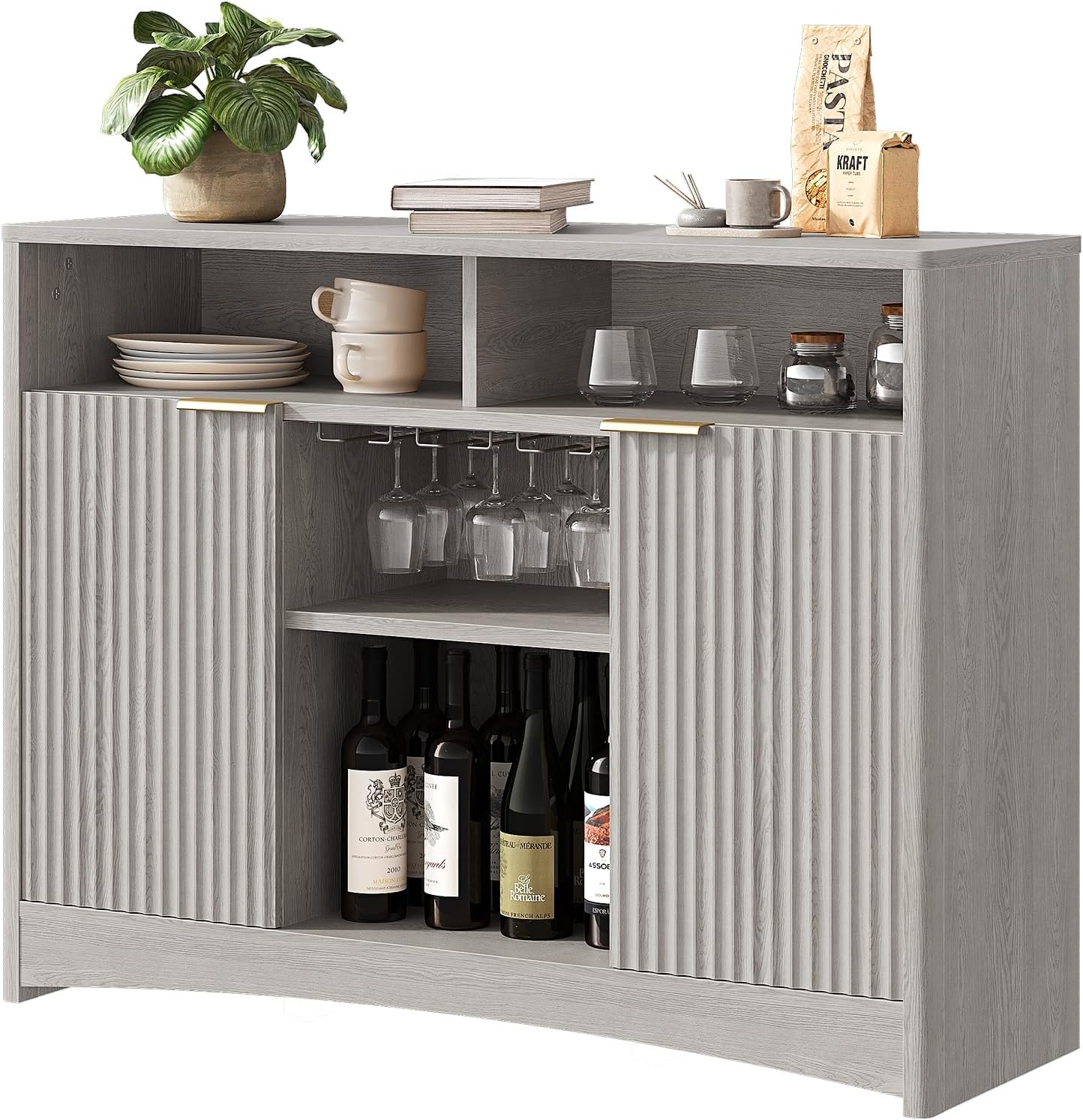 Marsail 47.2" Bar Cabinets with Storage, Modern Buffet Cabinet, Large Sideboard with 2 Fluted Panel Doors, Coffee Bar Cabinet with Adjustable Shelf and Glass Rack for Kitchen, Living Room, Grey