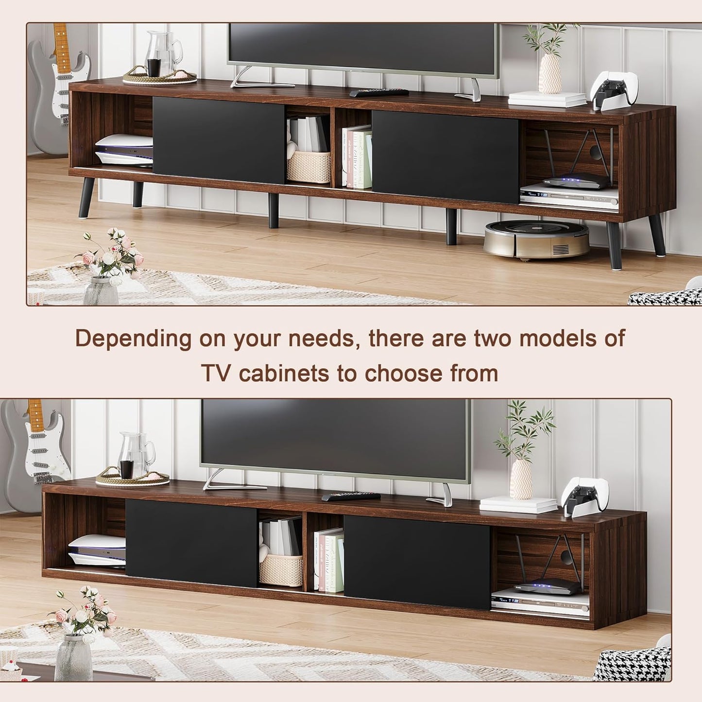 Clikuutory Mid Century Modern 70 Inch TV Stand with Two Large Storage Space for 50 55 60 65 70 75 80 Inch TVs, TV Console with Two Sliding Door, Entertainment Center for Bedroom, Walnut