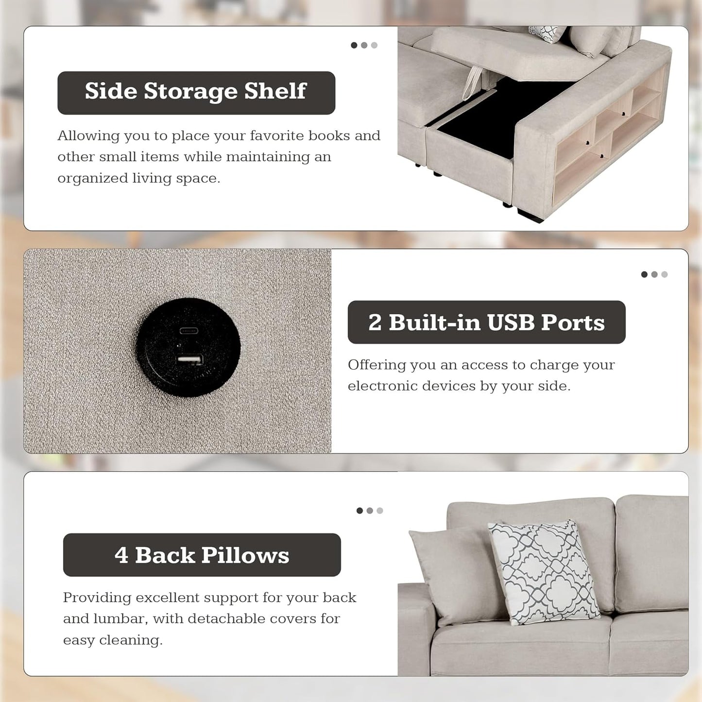 109" U-shaped Sectional Pull-out Sofa Bed with Storage Chaise,2-in-1 Convertible Couch W/ 4 Back Pillow & 2 USB Ports,Luxurious Sleeper Furniture Set for Living Room Large Space,Beige Chenille