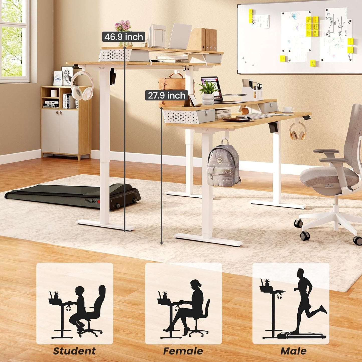 Standing Desk with Drawers and Brushless Motor,Electric Height Adjustable Desk for Walking Pad,Ergonomic Stand Up Desk for Home Office & Gaming,3 Memory Height Preset & Hooks(55" x 24",Oak)