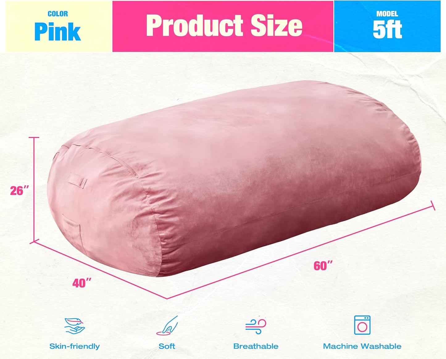 Hobestluk 5FT Bean Bag Chair Large Beanbag Lounger with Removable Cover Adult Bean Bag Chair with Portable Handle Desgin for Living Room Bedroom (Pink, 5FT)