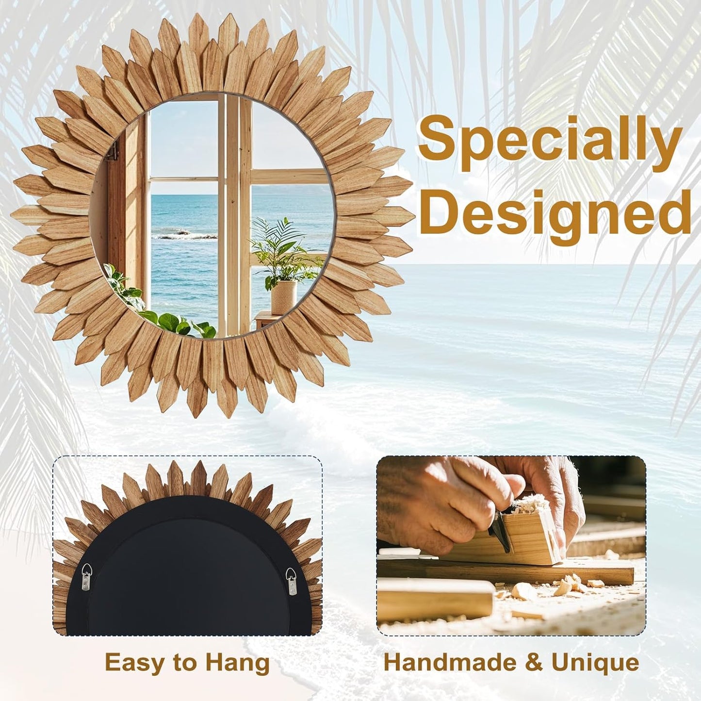 24 Inch Brown Boho Wall Decor Sunburst Mirror - Round Wooden Wall Decor, Handmade Rustic Circular Mirror for Living Room, Bedroom, Entryway, Office