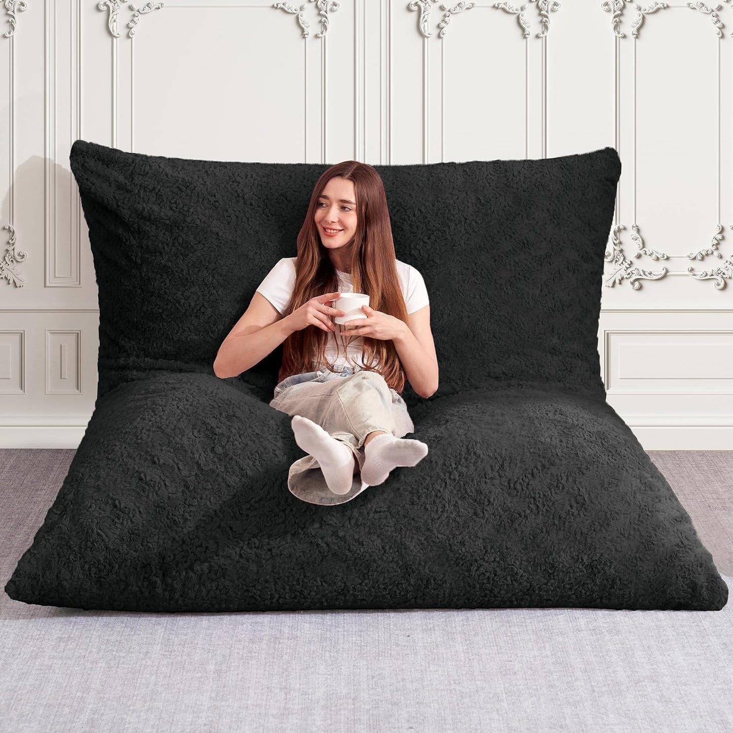 HABUTWAY 4 in 1 Bean Bag Chair, Giant Memory Foam Filling Bean Bag Sofa, Adult Bean Bag Chair, Machine Washable Faux Fur Cover, Bean Bag for Adult (Black)