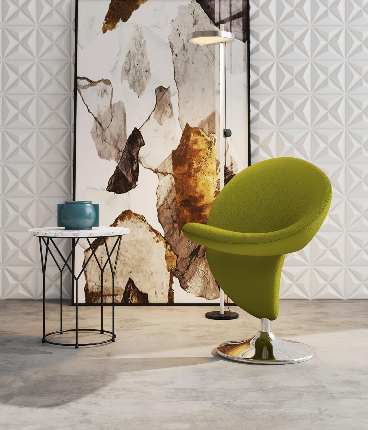 Manhattan Comfort Curl Swivel Accent Chair Set of 1 with 360° Turn, Fully Assembled, Upholstered in Wool Blend, Modern Ergonomic Design with Polished Chrome Base, Set of 1, Green