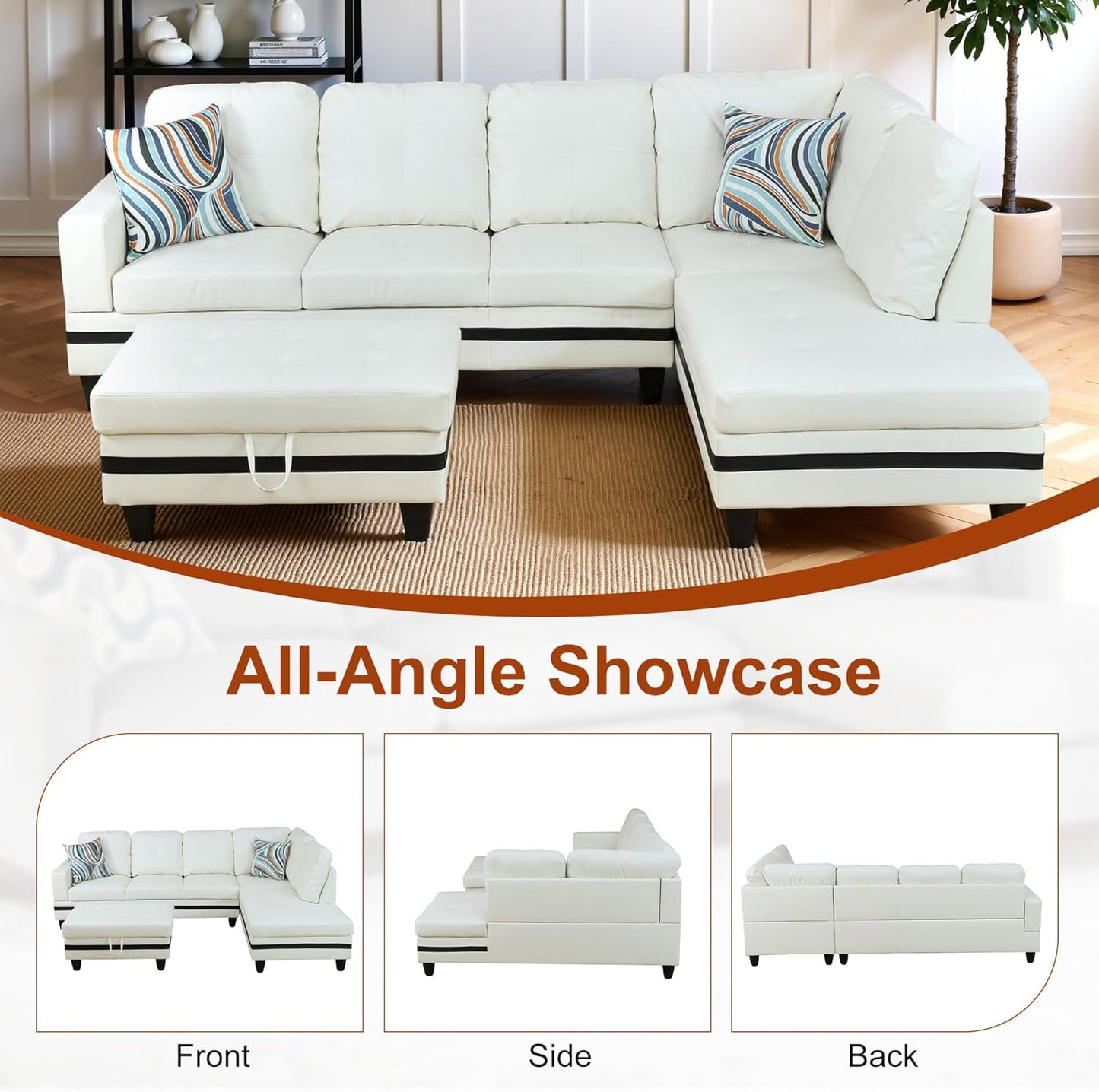 Osparple L Shaped Couch PU Leather Sectional Couch Upholstered 3 Pieces Sofas for Living Room with Chaise, Ottoman with Storage for Office and Small Apartment, Black and White