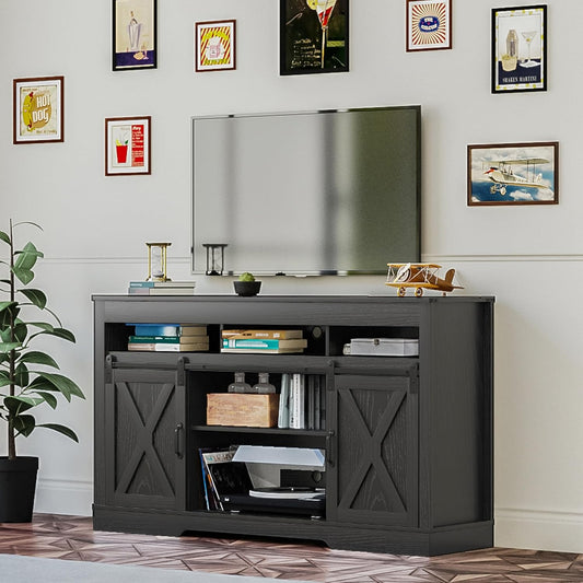 RoyalCraft Farmhouse TV Stand with Sliding Barn Door for TVs up to 65+ Inch, 34" Tall Entertainment Center, Wood Media Console Storage Cabinet for Bedroom, Living Room, Black