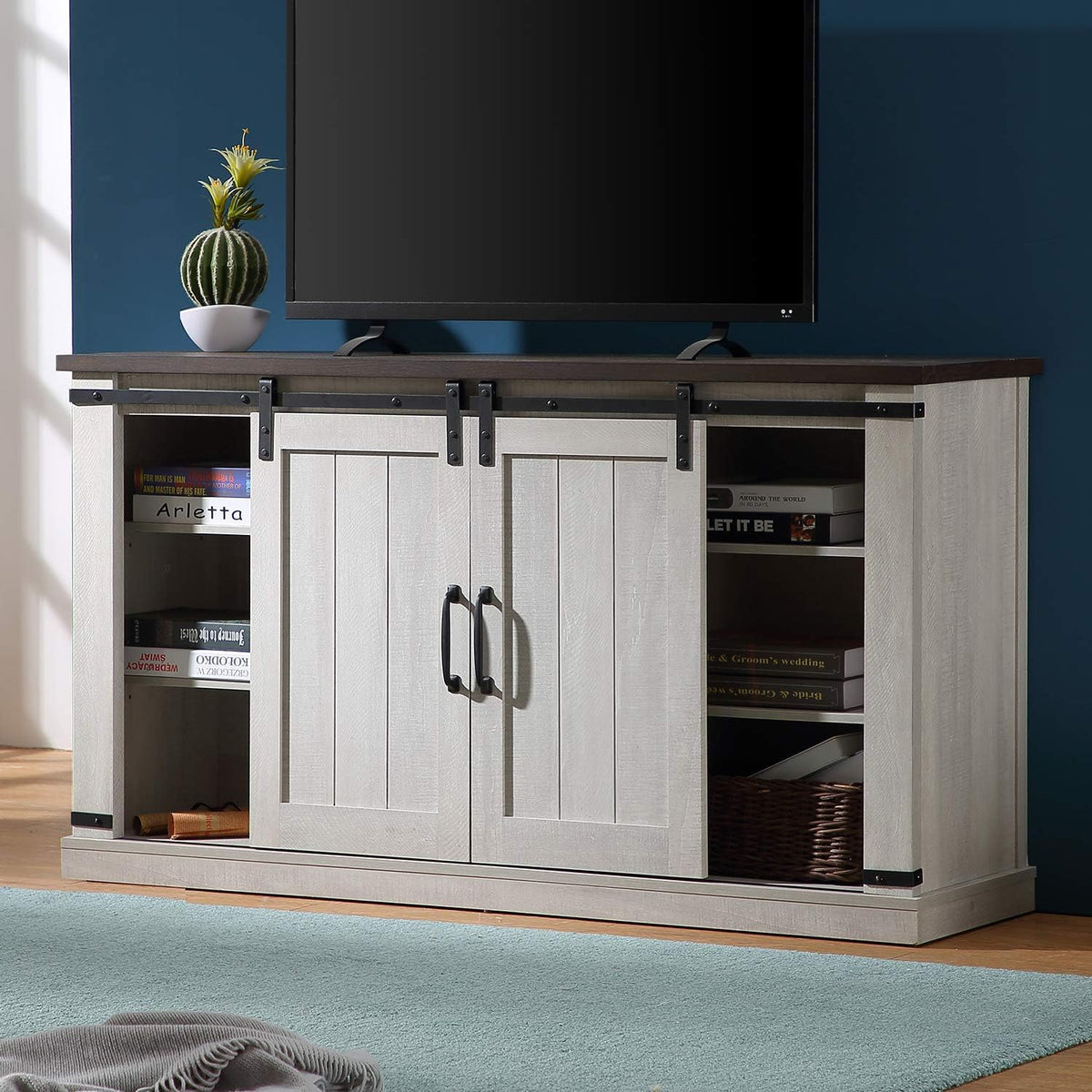 Farmhouse TV Stand for 60inch Television Stand, Entertainment Center with Storage Cabinet and Sliding Barn Doors & Adjustable Shelves, Rustic Media Console Table for Living Room