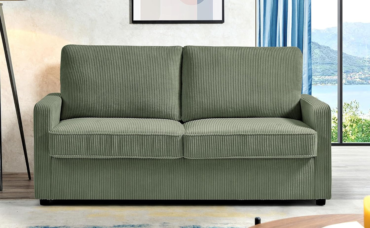Reversible Sleeper Sofa Bed with Comfortable Memory Foam Mattress, Convertible Corduroy Full Size Pull Out Couch for Living Room, Space Saving Furniture, 70" Wide, Rectangular Arms, Dark Green