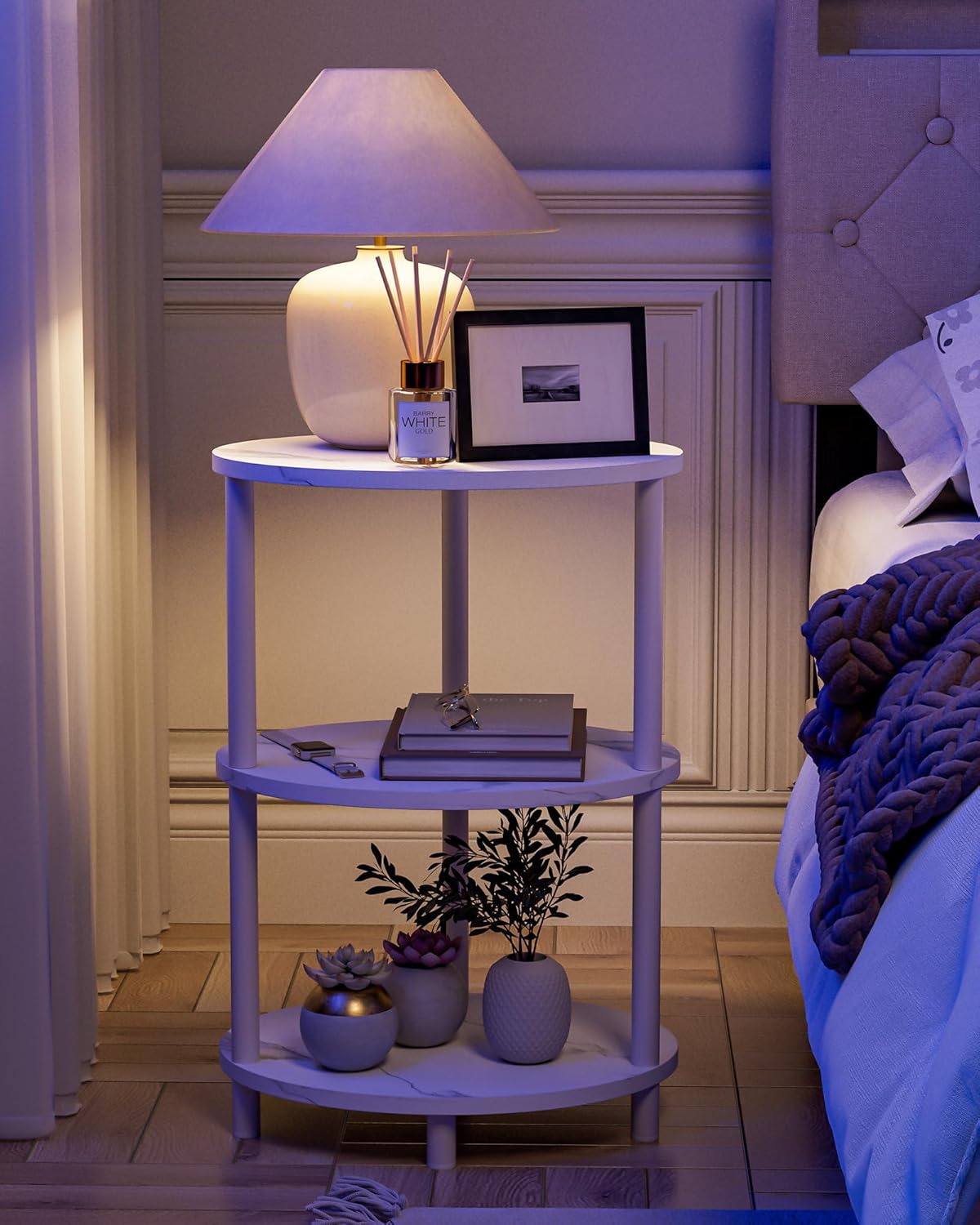 Small Round Side Table - 3-Tier Oval Accent Table for Small Spaces, Rustic Wood and Metal Couch End Table, Nightstand for Bedroom or End Table Living Room, Set of 2, Marble White