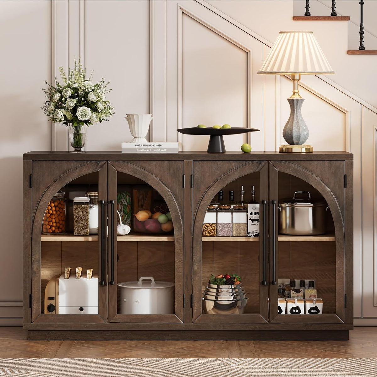 Merax Wood Farmhouse Buffet Sideboard with Adjustable Shelves and 4 Glass Doors, Coffee Bar Cabinet TV Stand for Living Room Bedroom Kitchen Espresso