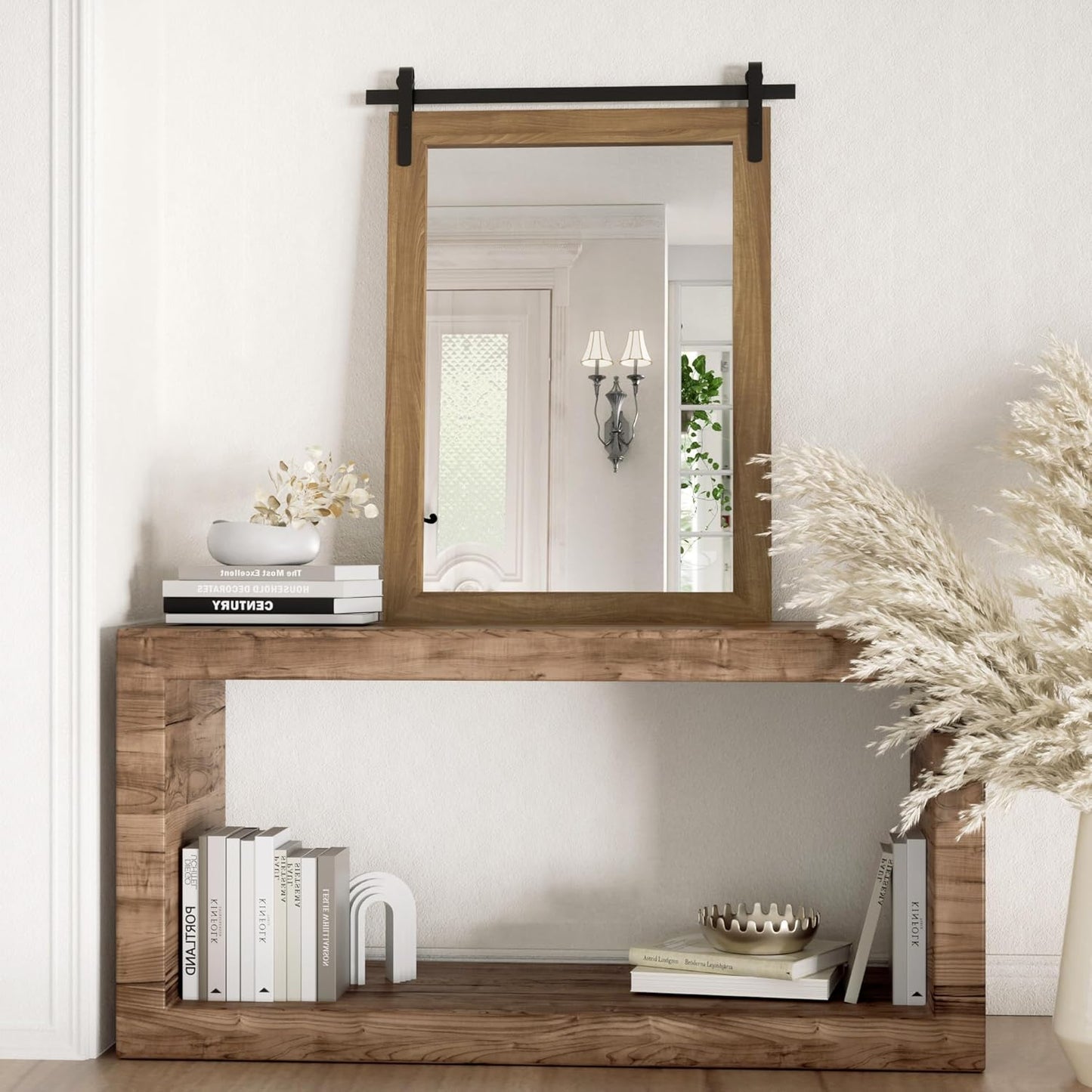 Farmhouse Bathroom Mirror, Brown Rustic Vanity Mirror Wood Framed Decrative Mirrors, Barn Door Style Decor Entryway Bedroom 22x30INCH Horizontal