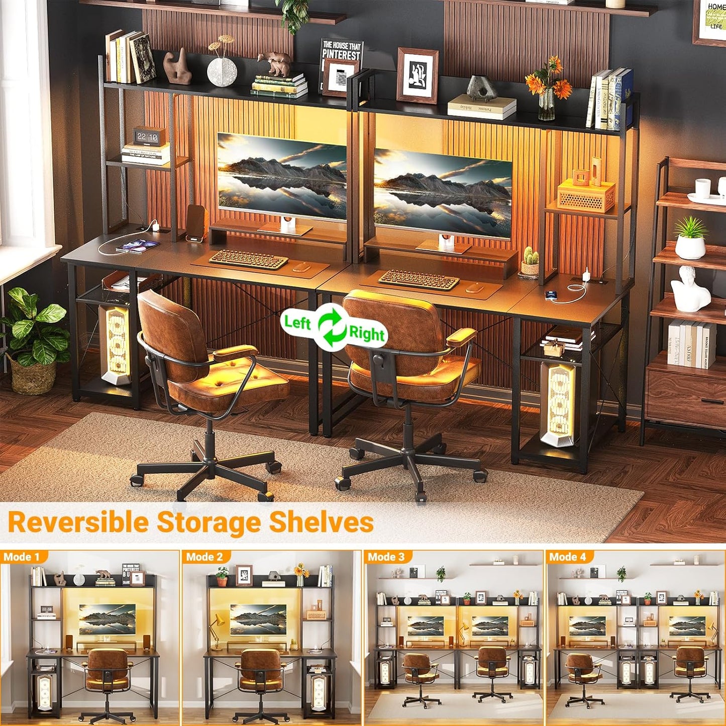 Cyclysio Gaming Desk with Hutch, 39'' Computer Desk with LED Lights & Power Outlets, Home Office Desk with Reversible 5 Tiers Storage Shelves & Monitor Stand, Small Gaming Table for Small Space, Black