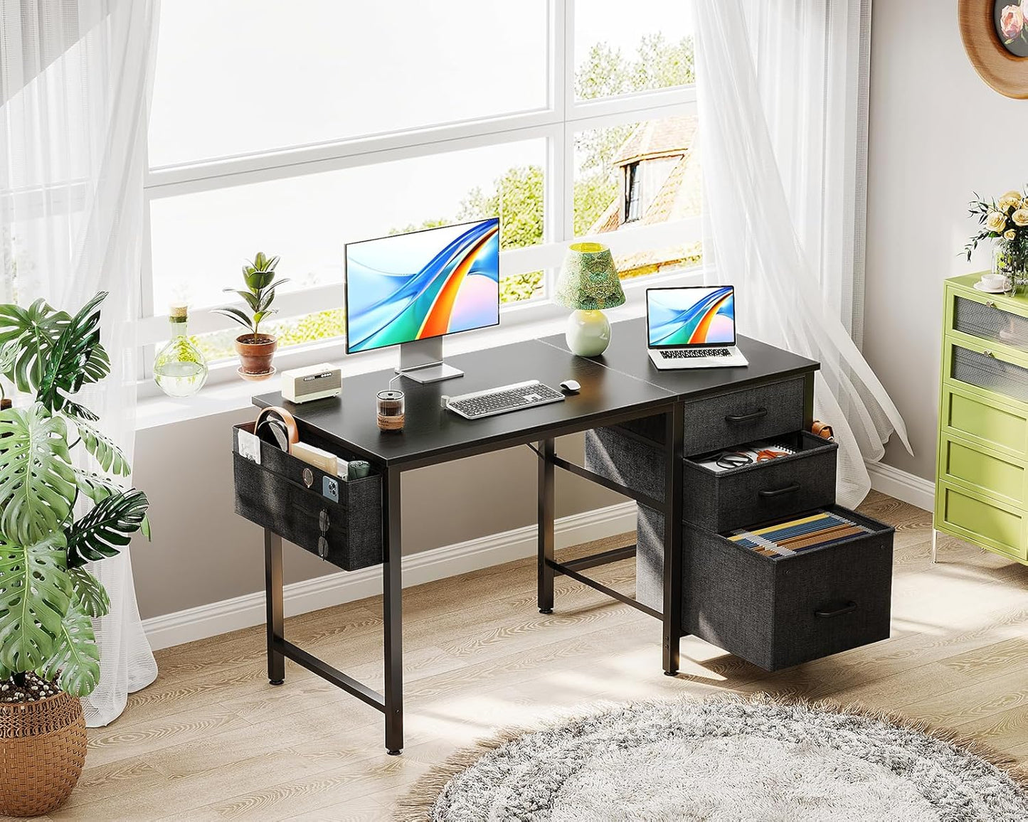 Casaottima 40" Small Computer Home Office Desk for Bedroom with Fabric Drawers & File Cabinet, Cloth Storage Bag and Hook, Writing Study Work Table for Small Space, Black