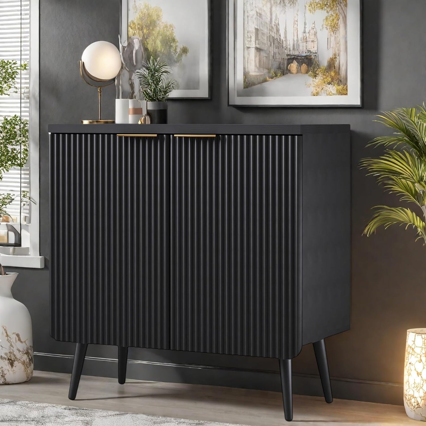 Buffet Cabinet, Sideboard Fluted Cabinet Modern Kitchen Buffet Storage Cabinets with Doors and Shelves, Wood Farmhouse Coffee Bar Station for Entryway & Dining Room & Living Room, Black