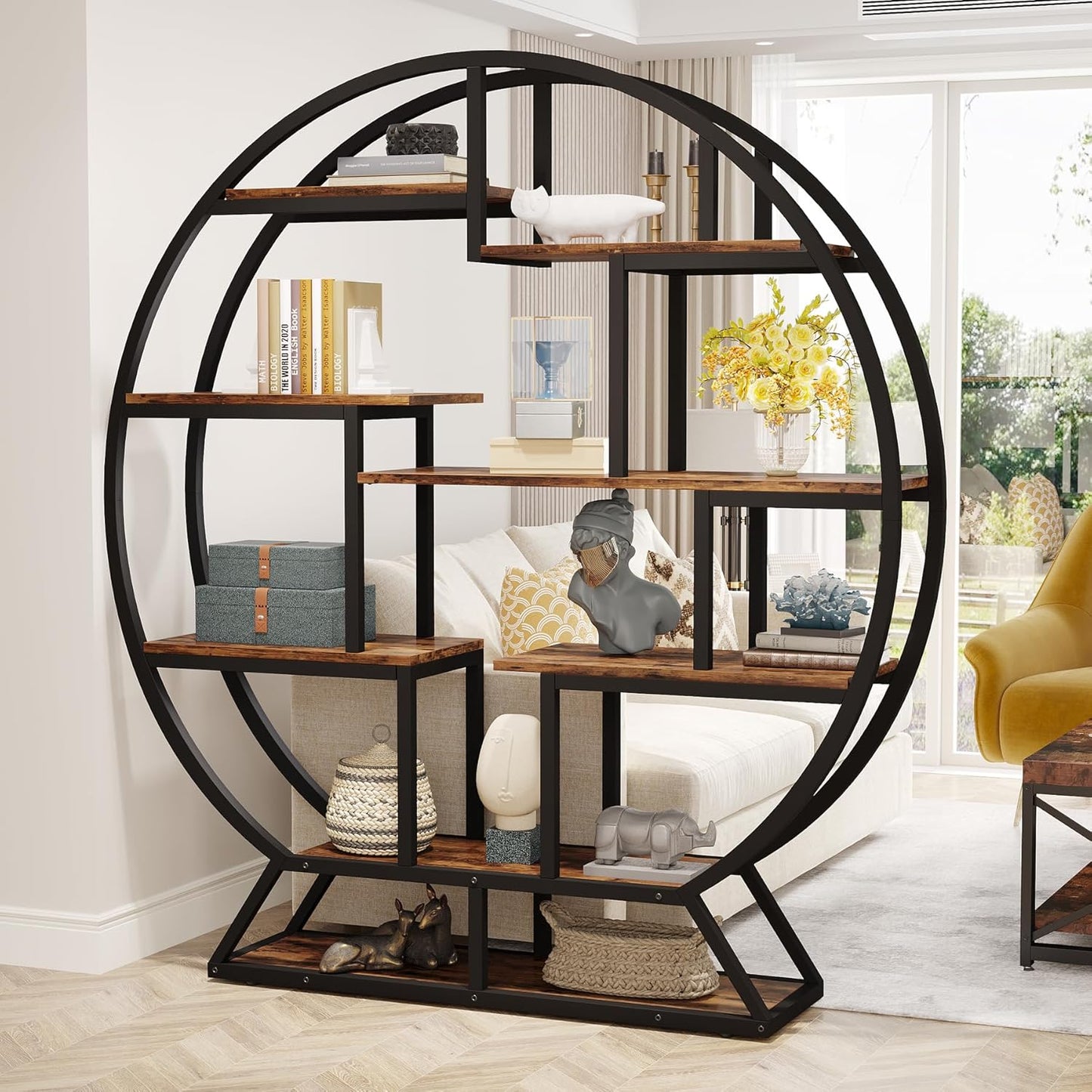 Tribesigns Bookshelf, Round Bookshelves Etagere Bookcase, 63 Inch Industrial Wood Book Shelf with Staggered Shelves, Rustic Open Shelving Organizer Rack Display Shelf for Home Office, Living Room