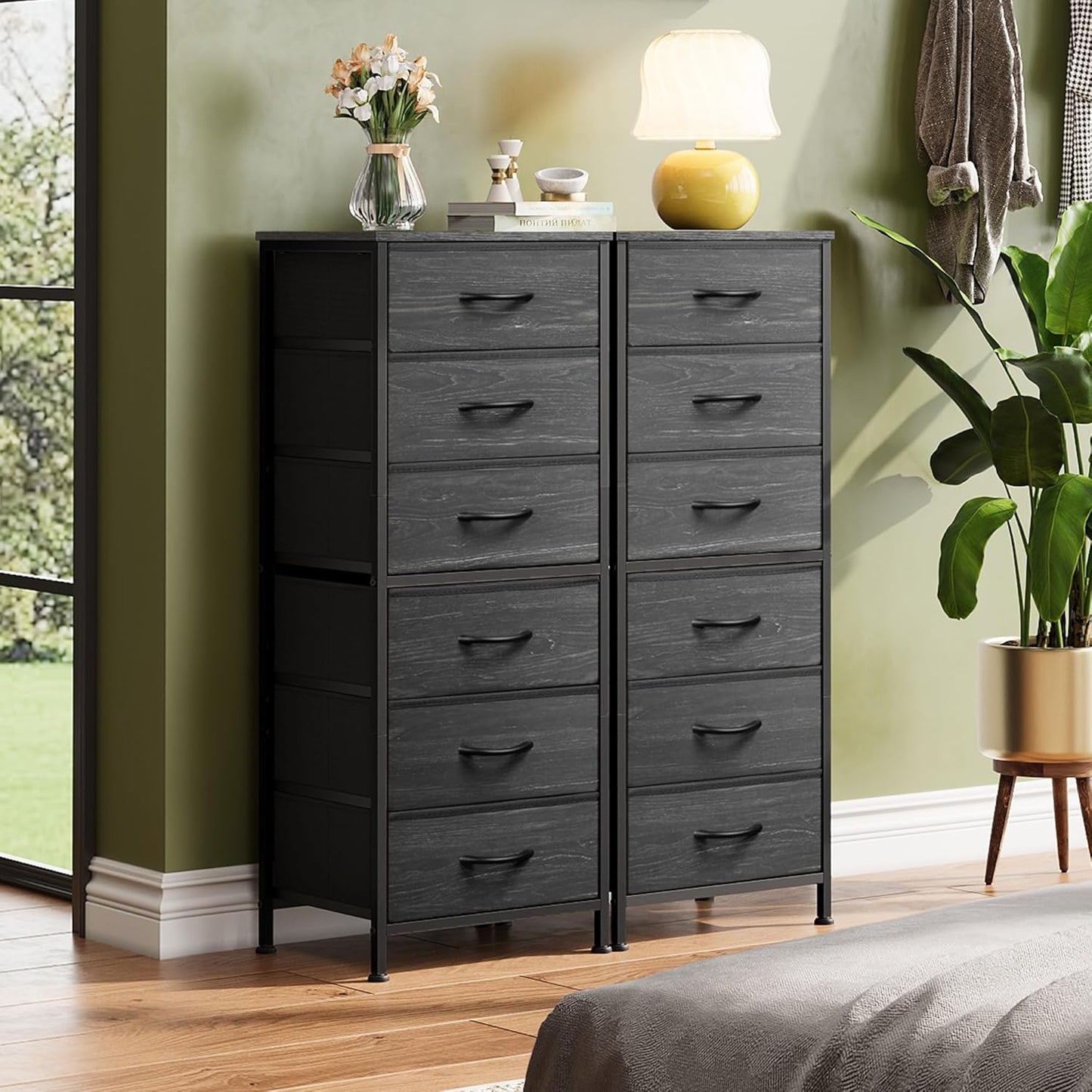 WLIVE Tall Dresser for Bedroom, 6 Drawer Dressers & Chests of Drawers, Fabric Dresser for Closet, Night Stand with Metal Frame, Storage Tower with Fabric Bins, Woodtop, Charcoal Black Wood Grain Print