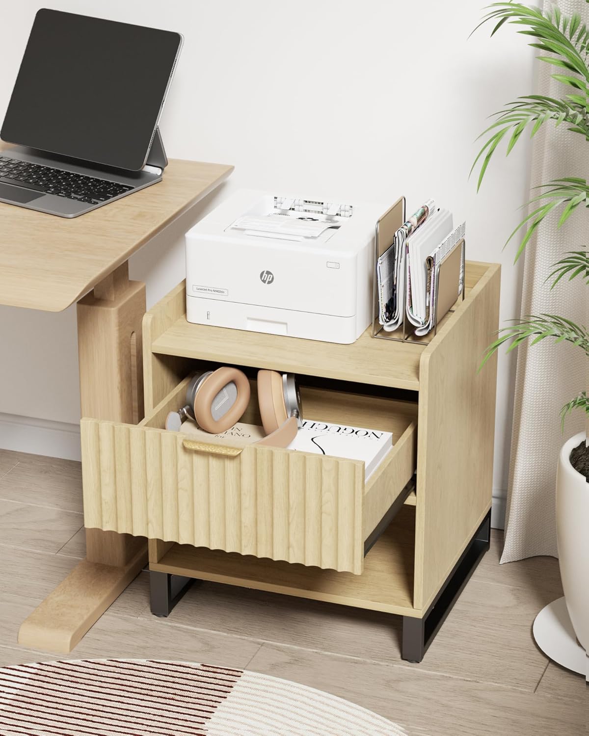 Fluted Night Stand with Charging Station, Wood Nightstand with Large Drawer and Open Storage Cabinet, Mid-Century Modern Bedside Table End Table for Bedroom Closet Office