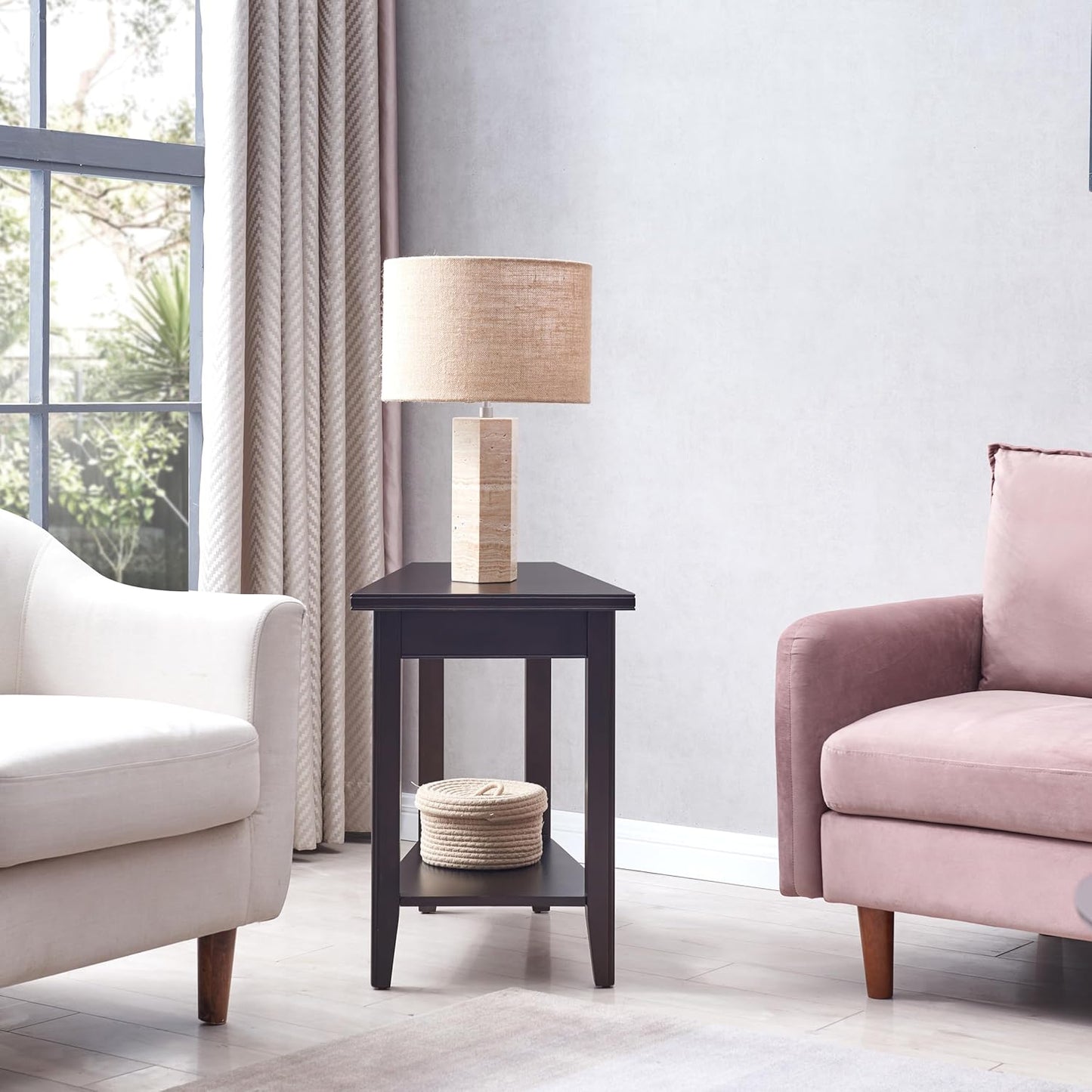 Leick Home Laurent End Table, Solid Wood, Narrow Wedge Shape, Bottom Display Shelf, Easy-Assembly, For Living Room/Bedroom, Black, 24.0 in. L x 17.0 in. W x 24.0 in. H, 10502-BK