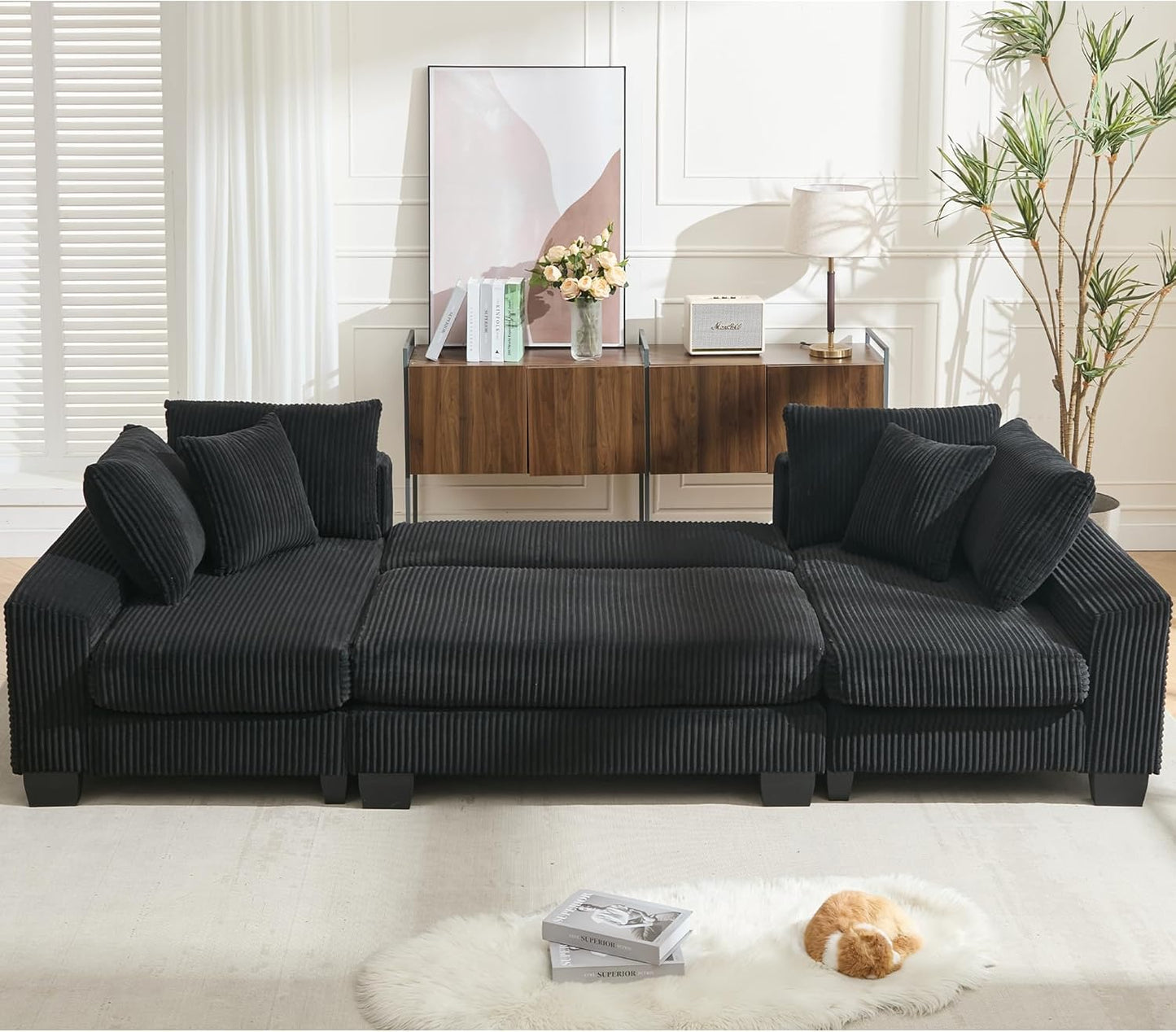 Symmetrical U Shaped Sectional Sofa Convertible Pull Out Sleeper Sofabed with Double Chaise Daybed , Corduroy Upholstered U Shaped Lounge Sofa Couch Bed w/ Throw Pillows for Living Room Apartment