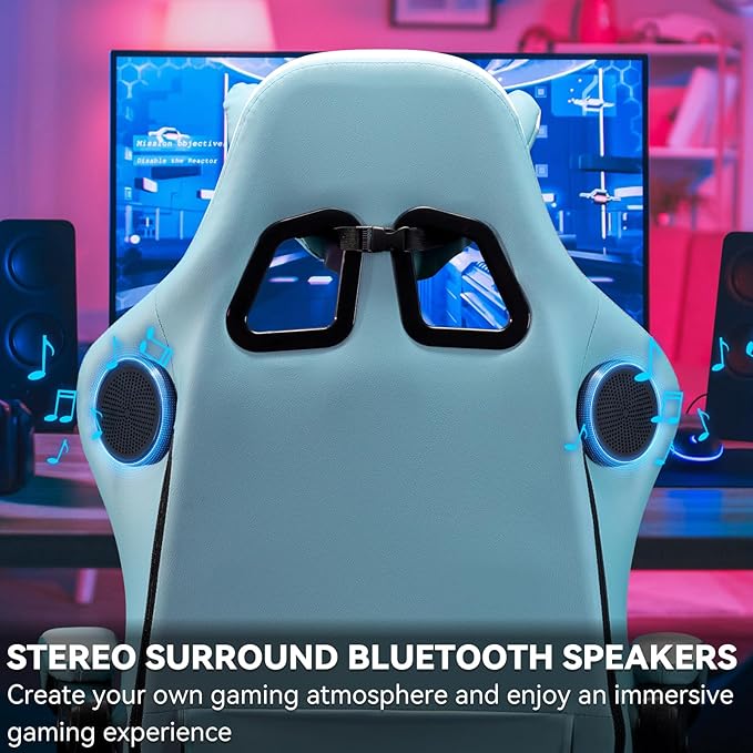 HOFFREE Gaming Chair with Speakers Massage Computer Gaming Chair with Pocket Spring Cushion for Adults Reclining Gamer Chair with Bluetooth Video Game Chairs with Footrest Stone Blue and White