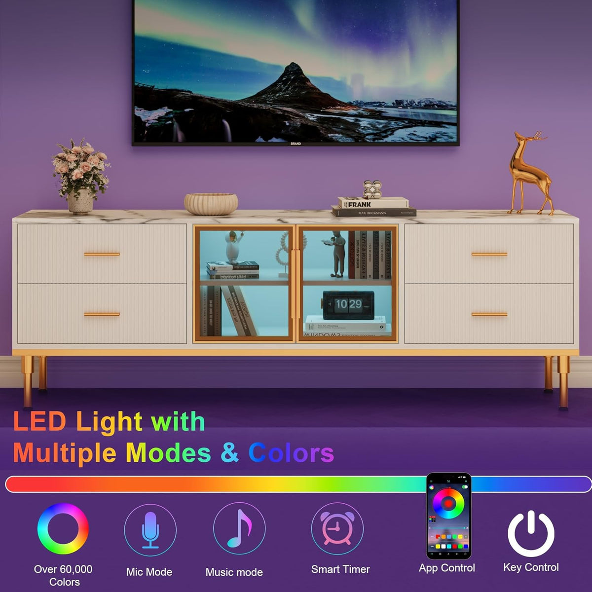 66" Fluted TV Stand with LED Light, Modern Entertainment Center for TVs Up to 75 Inch, Wood TV Media Console with Faux Marble Top, 4 Drawers, Glass Door for Living Room, White